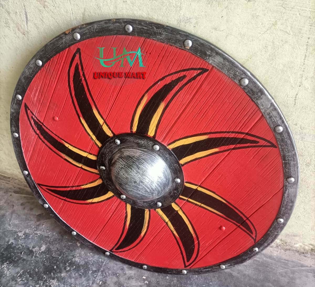 Vichinghi - Scudo rotondo in legno, rosso, 61 cm, con scudo medievale in legno, colore: rosso, Giallo