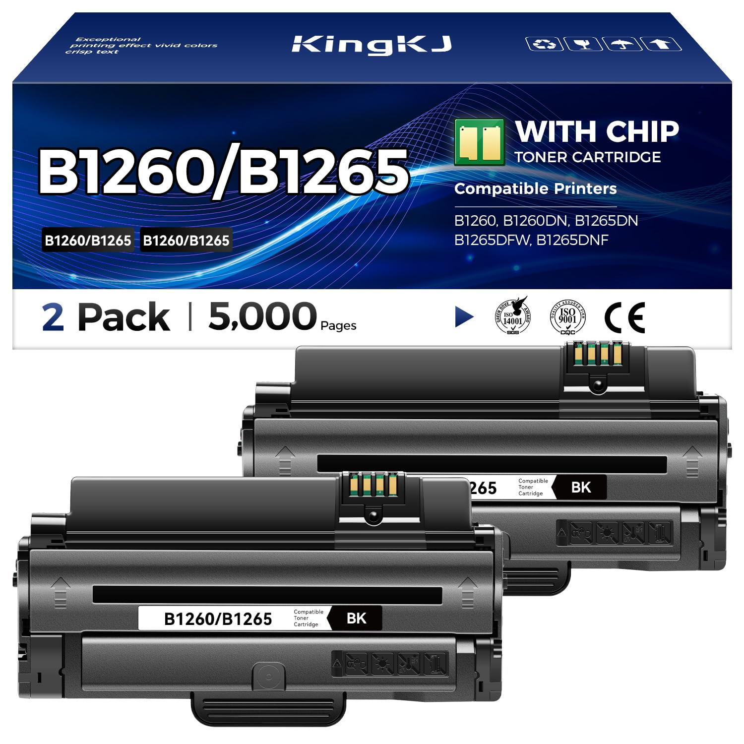 KingKJ B1260 B1265 Black Toner Cartridge 2-Pack High-Yield Replacement for Dell 1260 1265 331-7328 Toner Compatible for Dell B1260 B1260DN B1265DN B1265DFW B1265DNF Laser Printer Ink All-in-One Copier