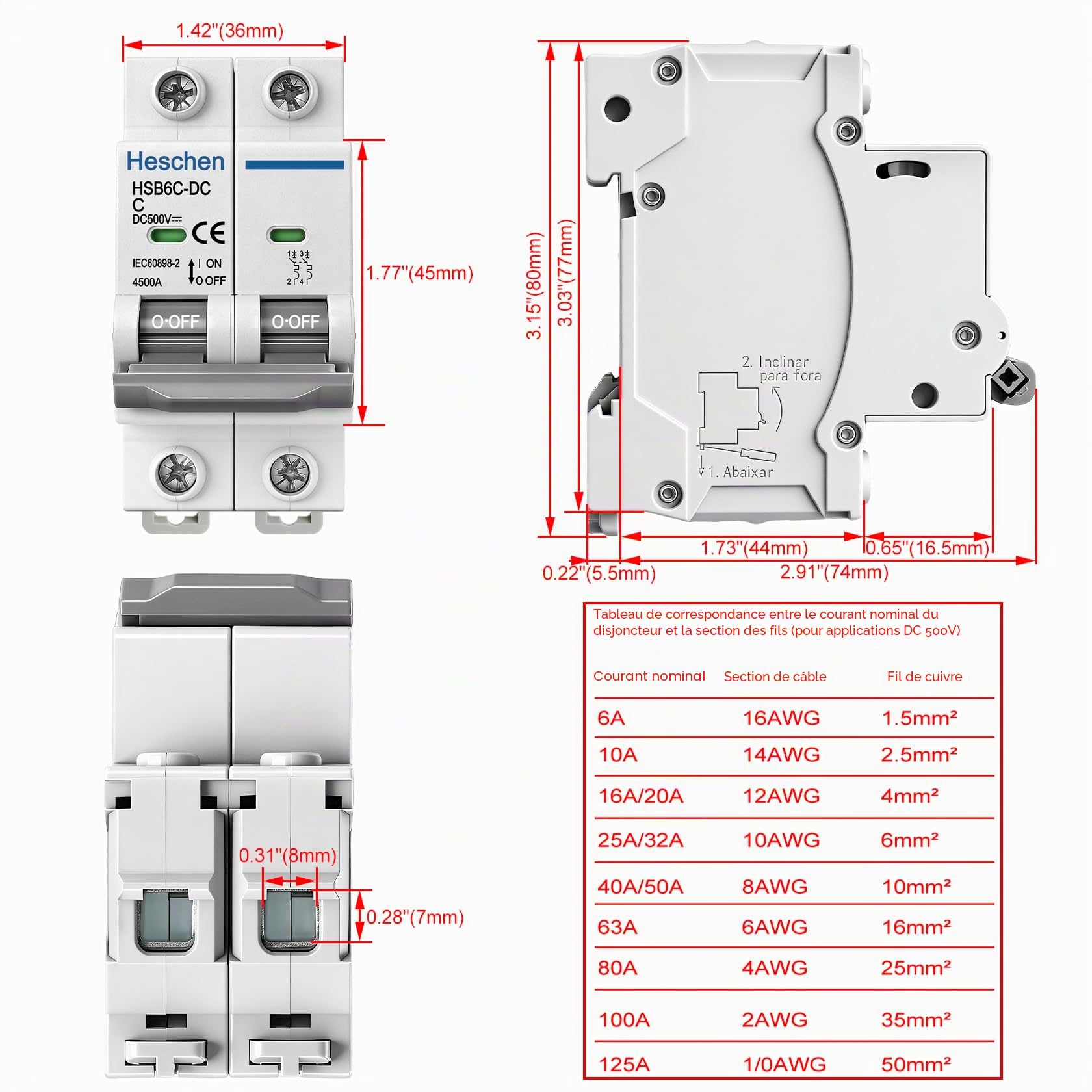 Heschen Lot de 2 disjoncteurs miniatures DC HSB6C-DC, 2 pôles, DC500V 20A, Disjoncteur de puissance photovoltaïque, pour système photovoltaïque solaire, panneaux solaires, système de treillis (20A)