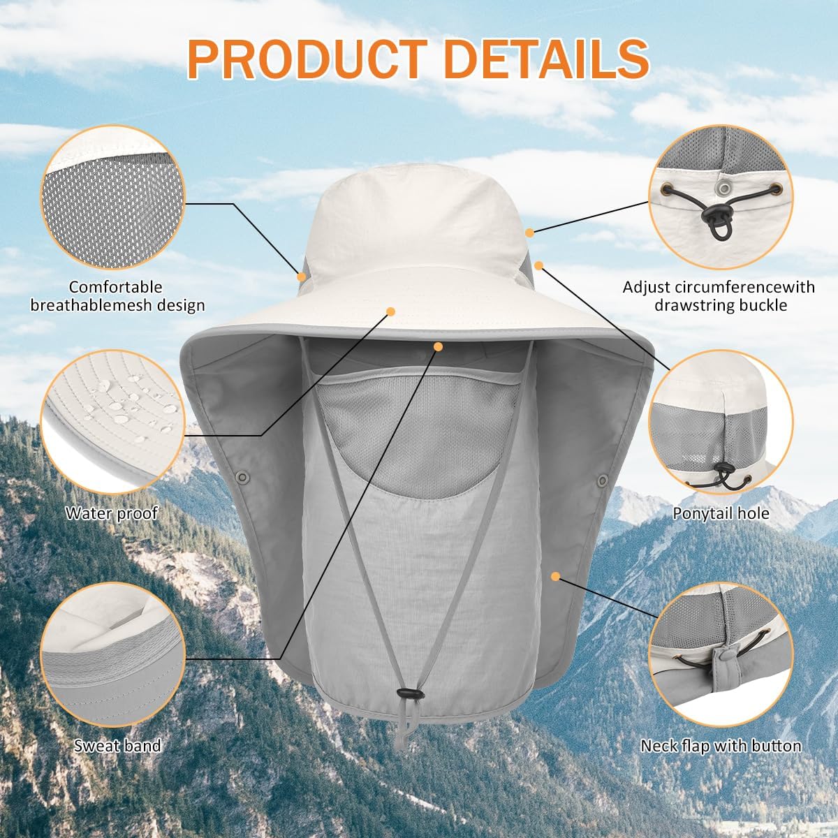 Men&Women Wide Brim Fishing Ponytail Sun Hat with Removable Face and Neck Flap UPF 50+ UV Protection Safari Cap - Image 4