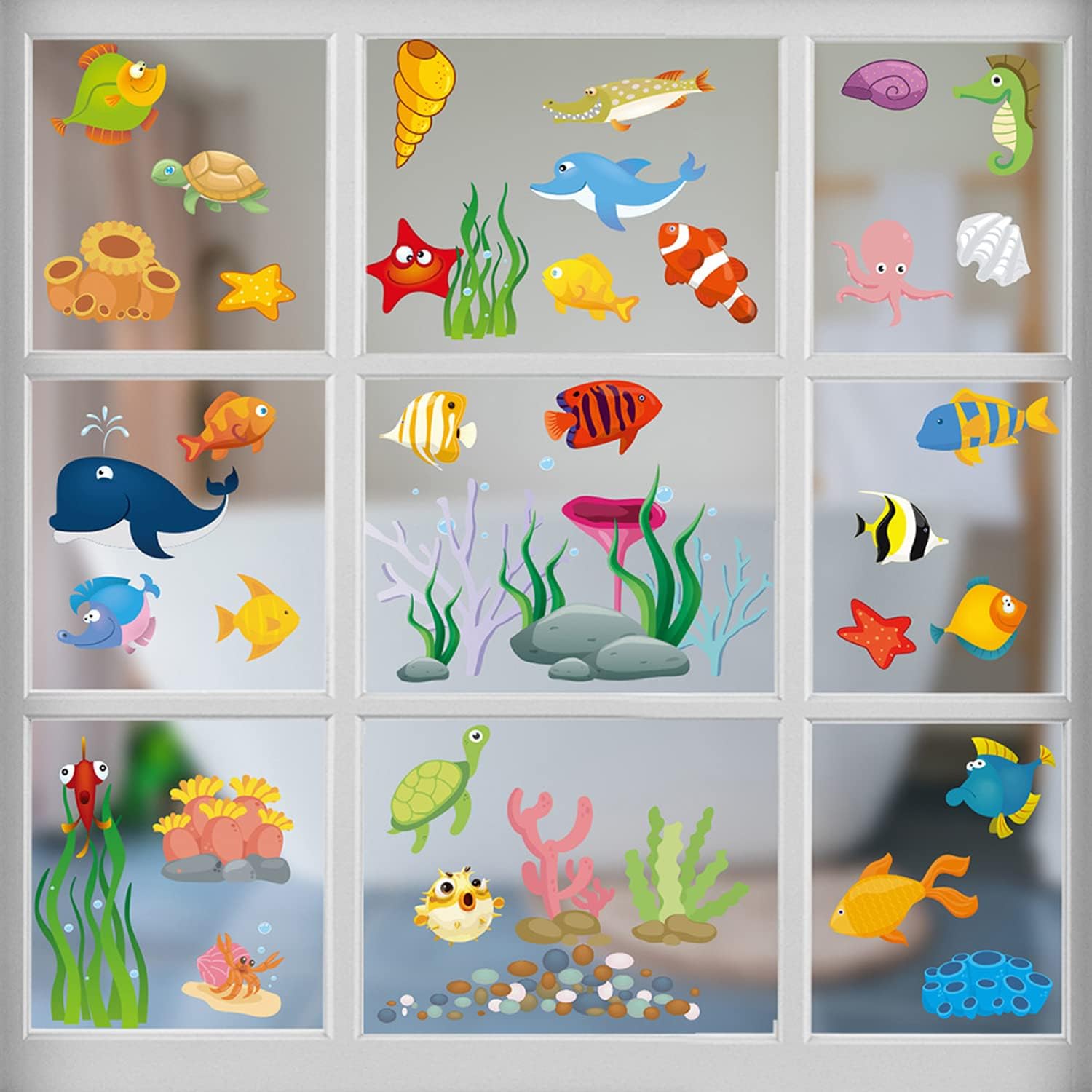 4 Sheet 37 Pcs Window Clings for Kids Window Gel Clings Decals Stickers Toddlers and Adults Ocean Theme Home Classroom Nursery Spring Summer Winter Animals Party Supplies Decorations