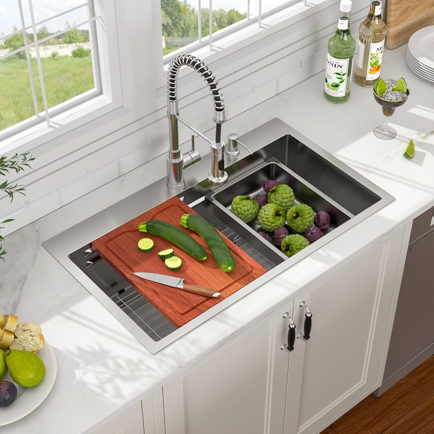 33x19 Drop in Worsktation Kitchen Sink, Topmount 16 Gauge 304 Stainless Steel Single Bowl All-In-One Kitchen Sinks with Wash Basin & Accessories, #LOF-0022