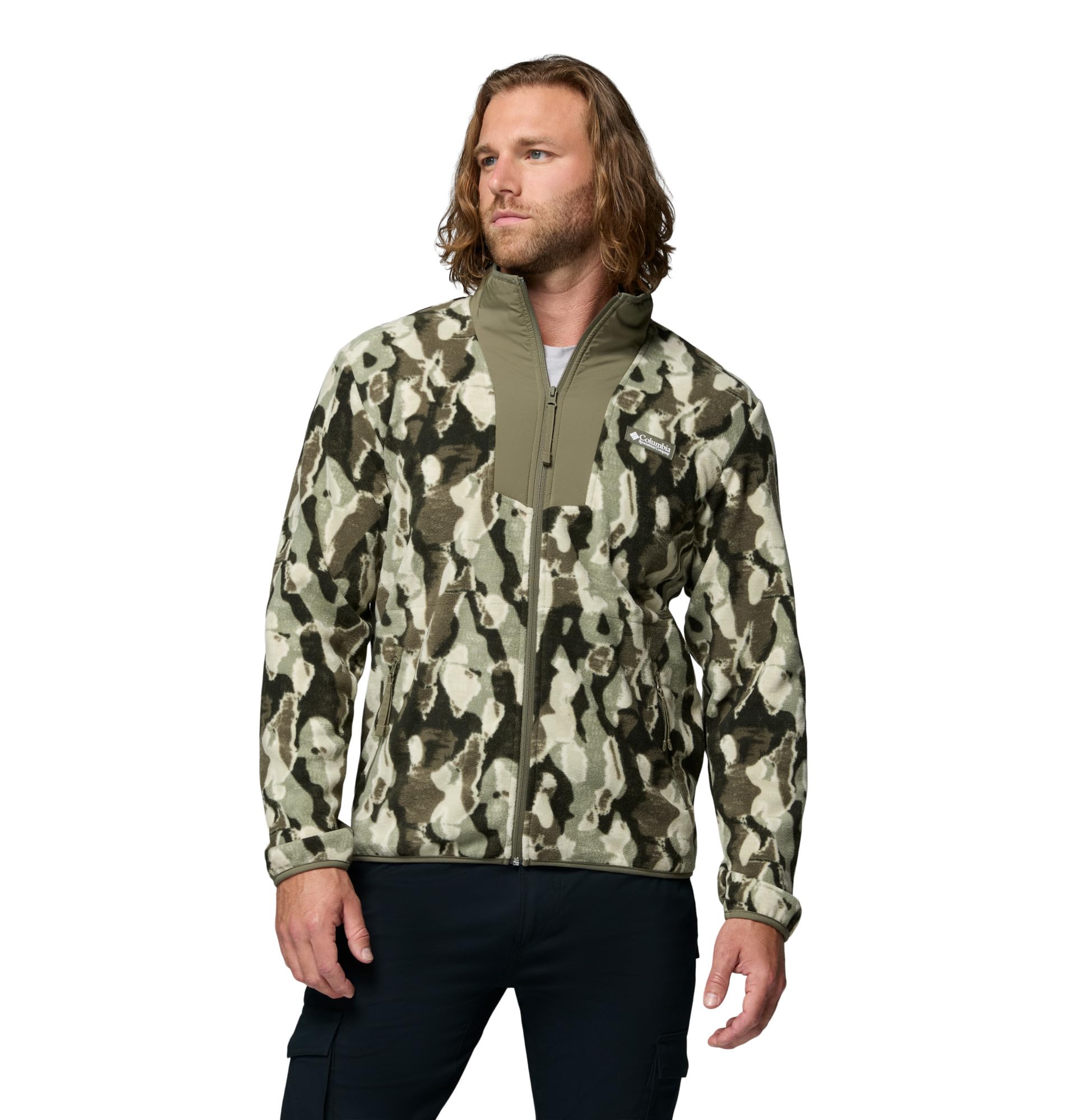 Columbia Men's Sequoia Grove Printed Full Zip, Full Zip Fleece Jacket, Stone Green Treebark, Large