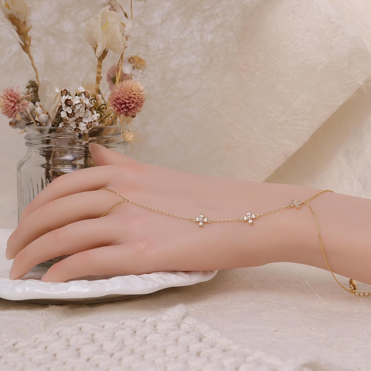 Gold Hand Chain Bracelet for Woman Girls, Dainty Finger Ring Bracelet Summer Beach Cross Rhinestones Handmade Adjustable Jewelry Gift - Image 6