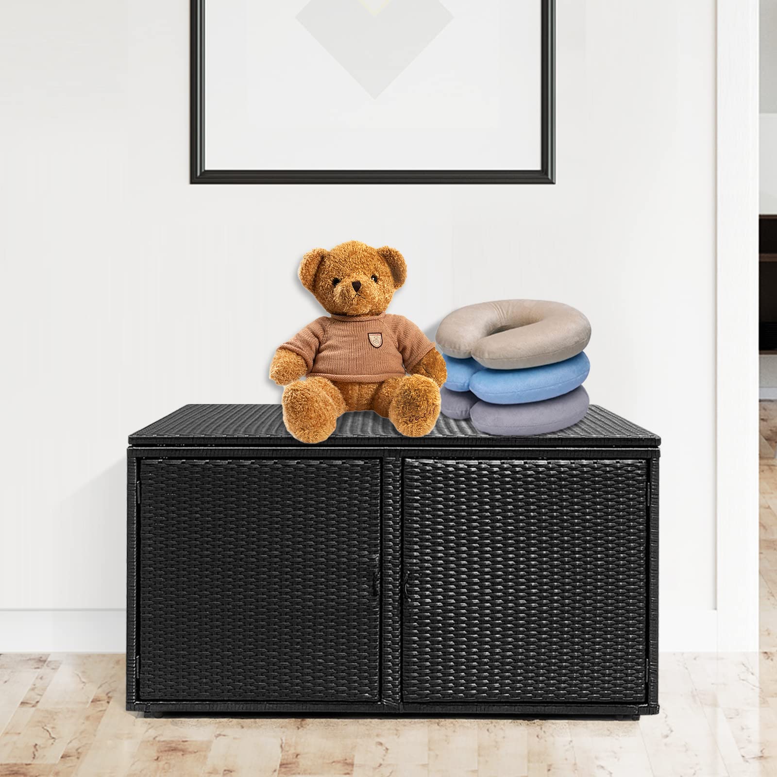 GIANTEX Cassapanca Per Esterni in Metallo e PE Rattan, Ideale Per Tenere in Ordine, 310 L,115 x 60 x 65/120 cm, 2 Colori (Nero)