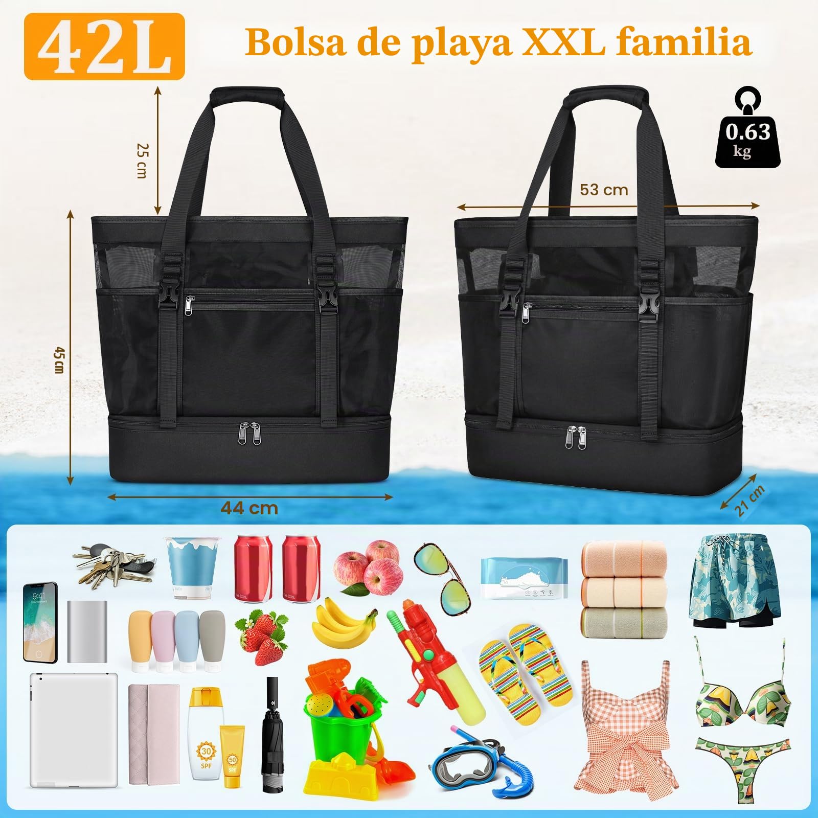 RAINSMORE Bolsa Playa Grande XXL Familiar Bolso Playa Mujer de Malla con Cremallera 42L Impermeable Bolsa Piscina para Viaje Compras Juguetes Negro