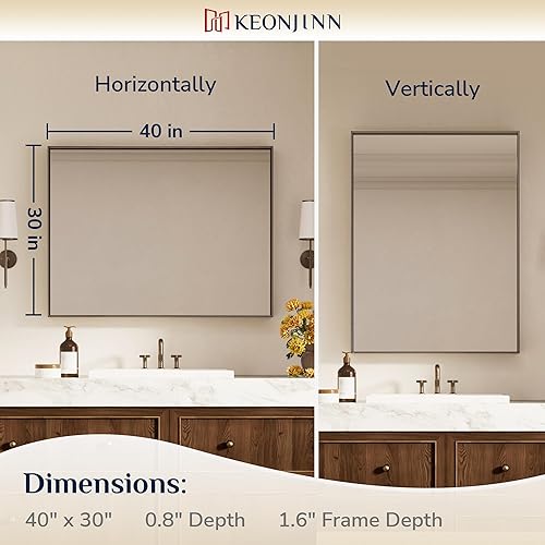 Miniatura 248 de Keonjinn Espejo de baño dorado de 48 x 36 pulgadas, espejo rectangular con marco de metal dorado cepillado, espejo de pared grande rectangular