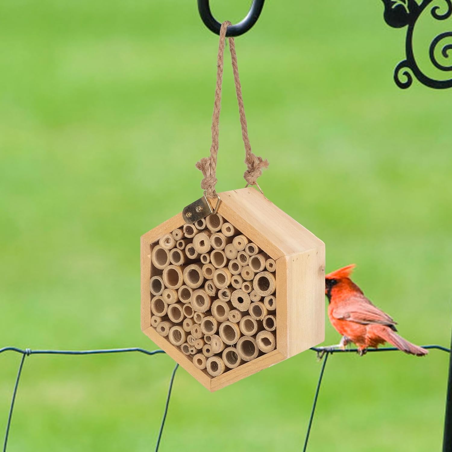 KALLORY Wooden Bee House with Hexagonal Insect Nest for Garden Outdoor Use, Natural Pollinator Habitat Beehive Box for Mason and Leaf-Cutting Bees