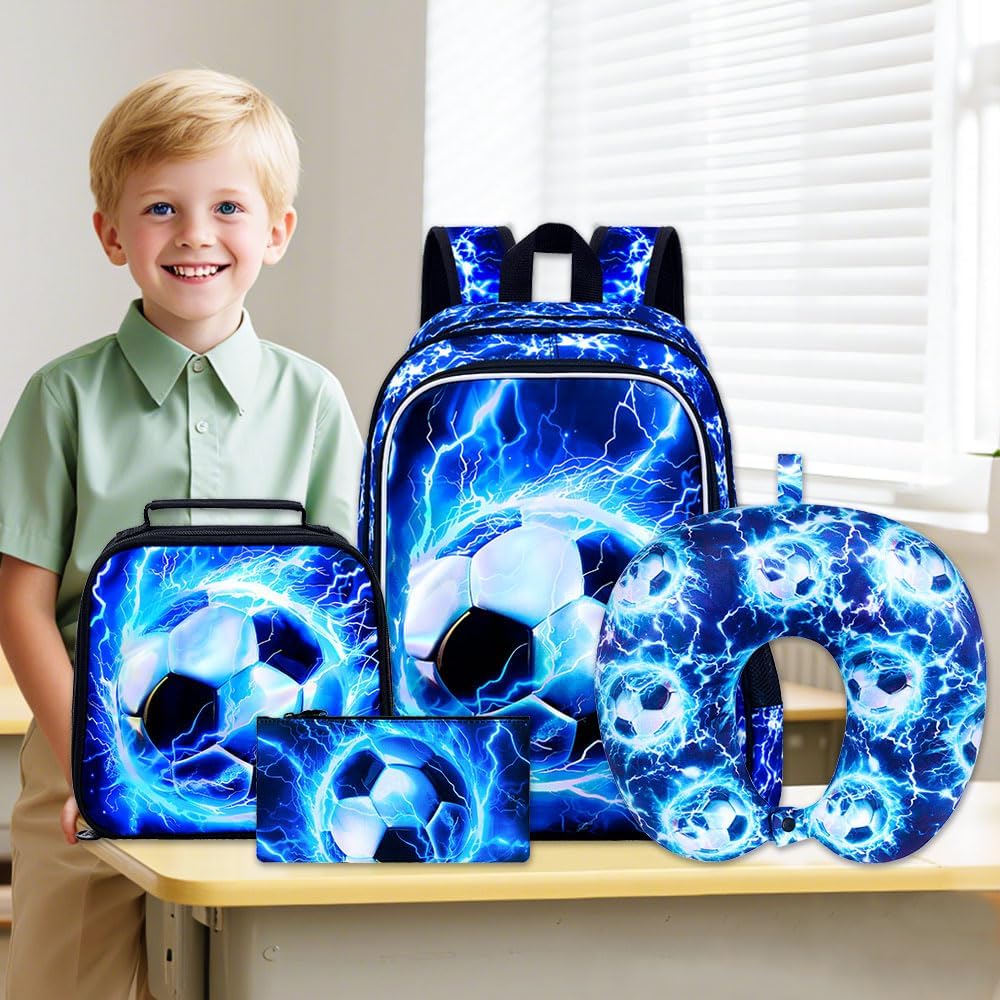 5PCS Boys Luggage Set, Airline-Approved Carry-On with 360° Spinner Wheels, Cute Travel Suitcase for Kids & Toddlers - Lightning Soccer Blue