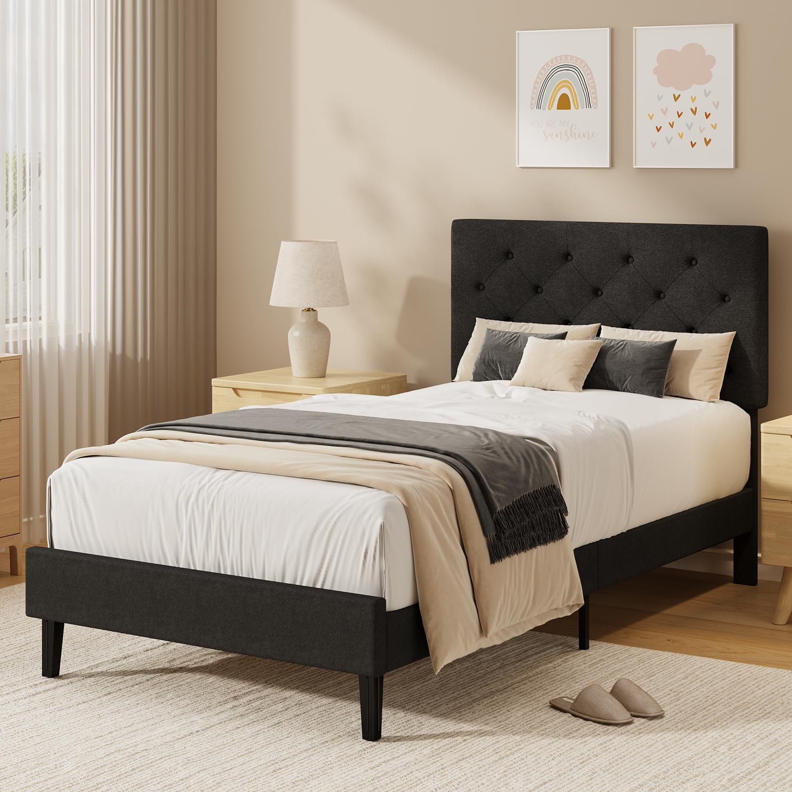 HOMBCK Single Bed Frame, 90 x 190 cm, with Adjustable Upholstered Headboard, Heavy Duty 256kg Weight Capacity, Easy Assembly, No Box Spring Needed, Grey
