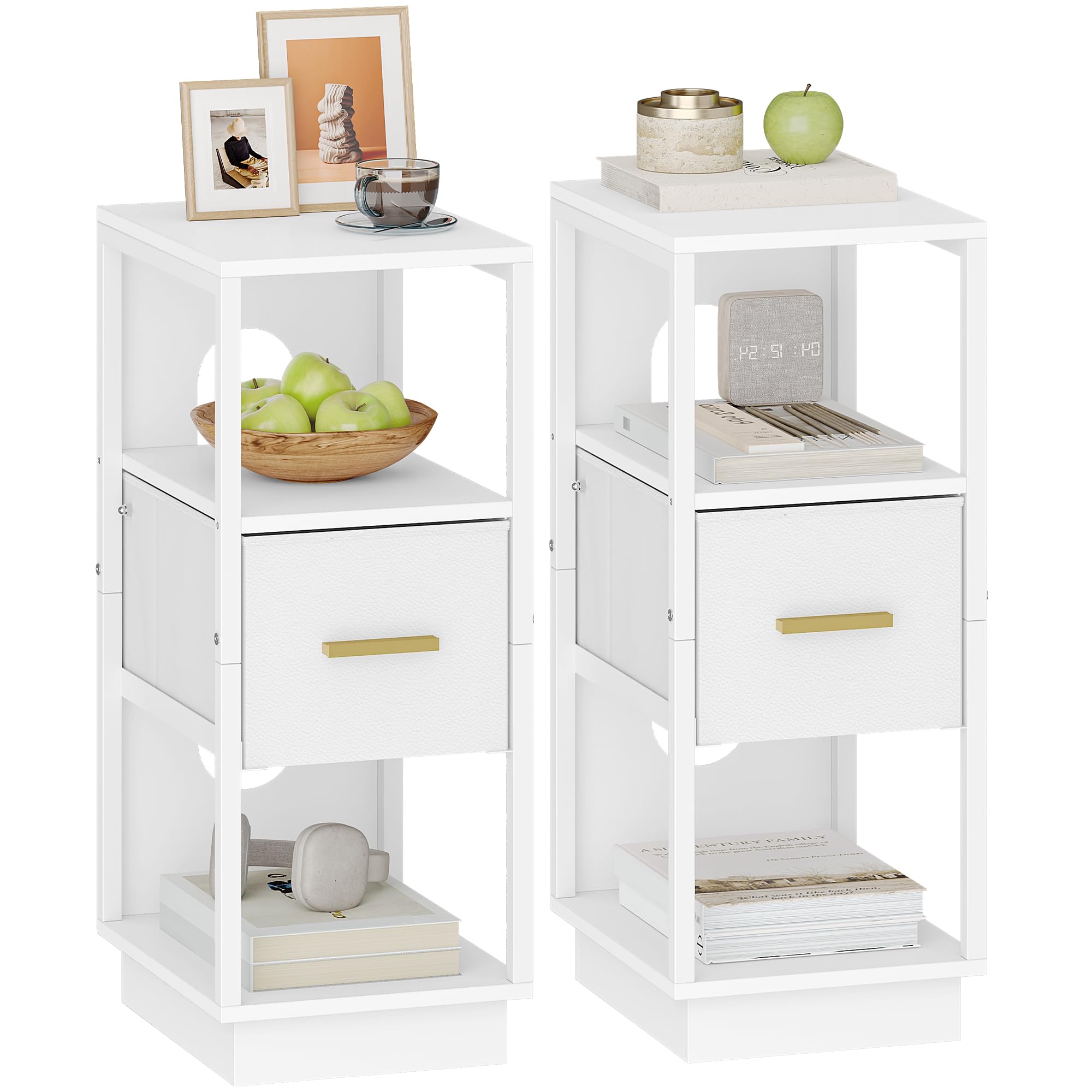 Hzuaneri Slim Bedside Tables Set of 2, Side End Table with 1 Fabric Drawer, Metal Frame Bedside Cabinet with Open Compartment, Narrow Nightstand for Bedroom, Livingroom, Office White NS61303W