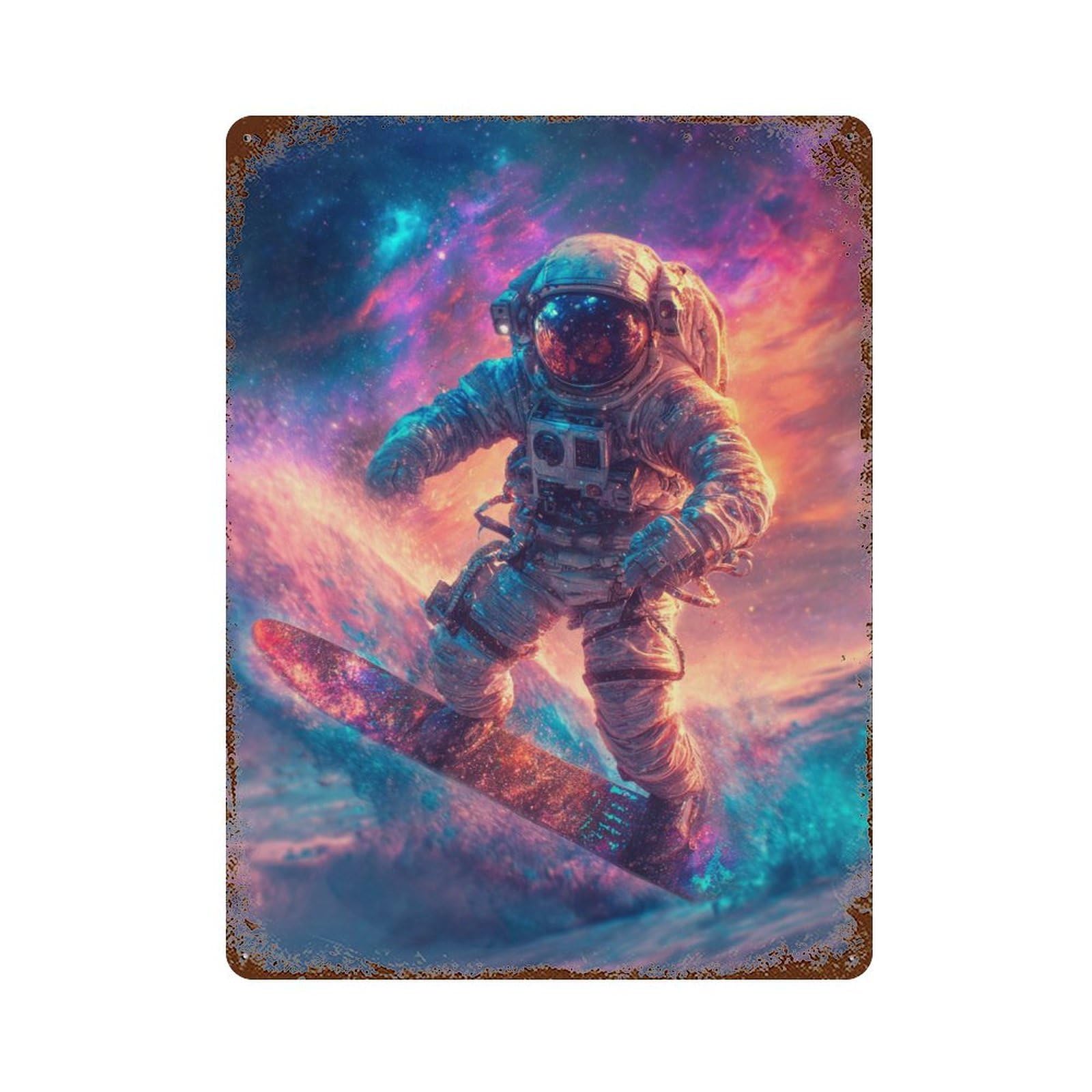 Space Snowboarding Adventure 15.7"x11.8" Aged Metal Wall Plaque, Classic Wall Plaque for Pub, Kitchen And Man Cave Decor