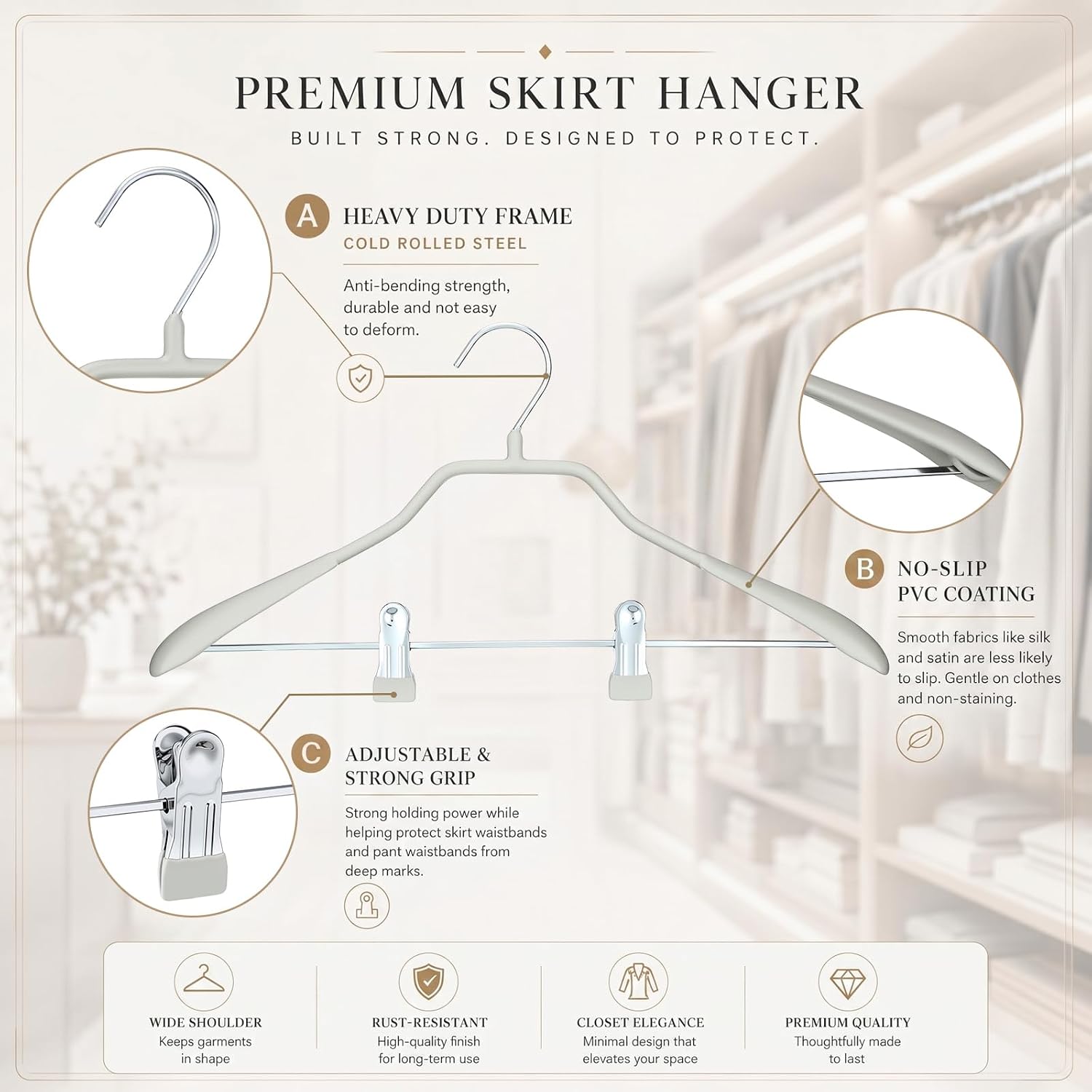 Patelai 10 Pcs Non Slip PVC Coating Skirt Pants Hangers with Clips 15.5in Heavy Duty Sweater Hangers for Suits, Coats Space Saving Bodyform Design Clothes Organizer with Asujtable Clips