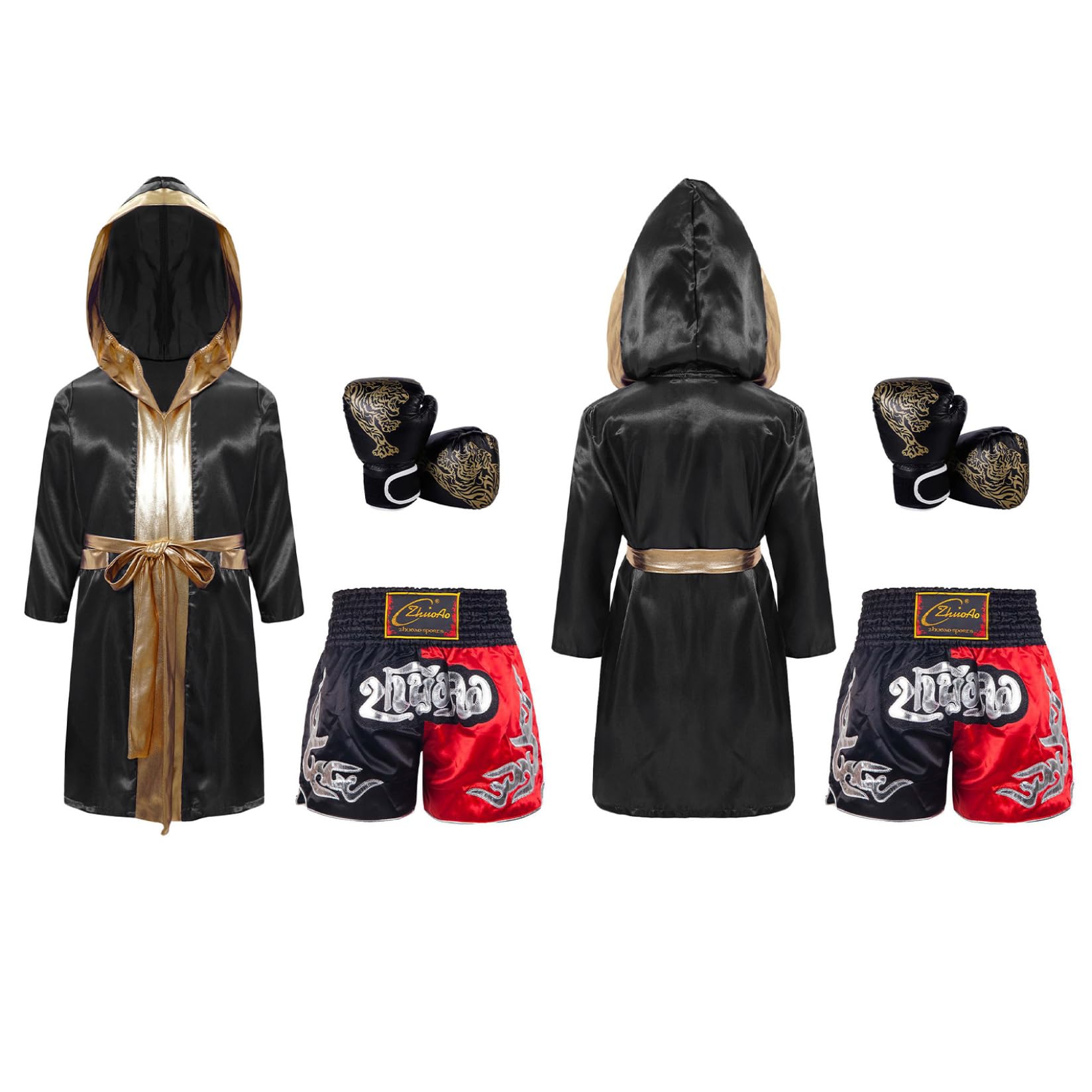 Runhomal Niños Niño Set Albornoz de Boxeo con Pantalones Cortos de Boxeo Combate Guantes Kickboxing Thai Entrenamiento MMA Muay Thai 5-16 Años