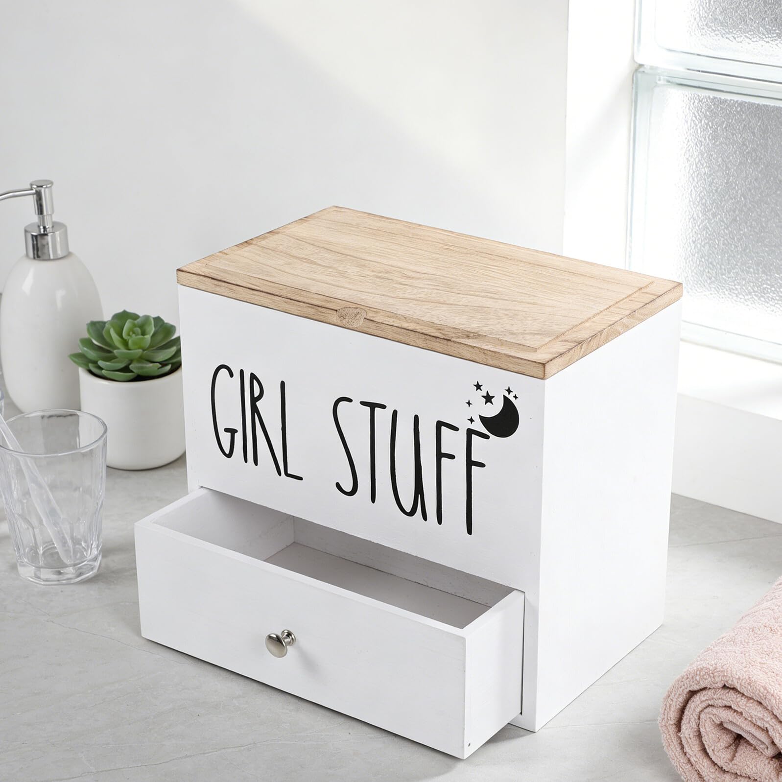 Healeved Porta Assorbenti in Legno per Bagno Scatola di Conservazione con Coperchio Organizer per Prodotti Igienici Contenitore per Accessori Bianco Piccolo Organizer per Bagno