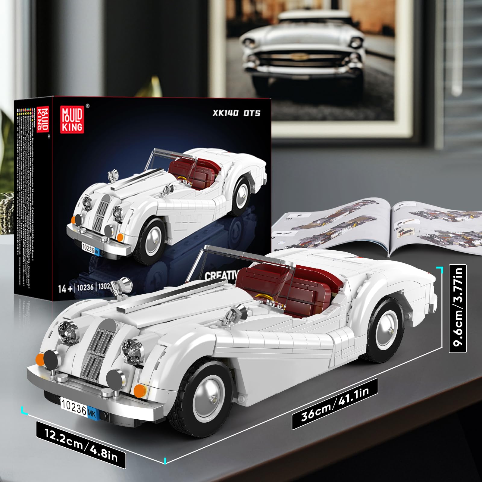 Mould King 10236 MOC Technique Vintage Cabriolet Sportwagen Modèle Pièces de Serrage Ensemble, MOC Vieille Voiture Modèle Pièces de Serrage Ensemble für Jugendliche/Adulten Collector (1302+ pièces)