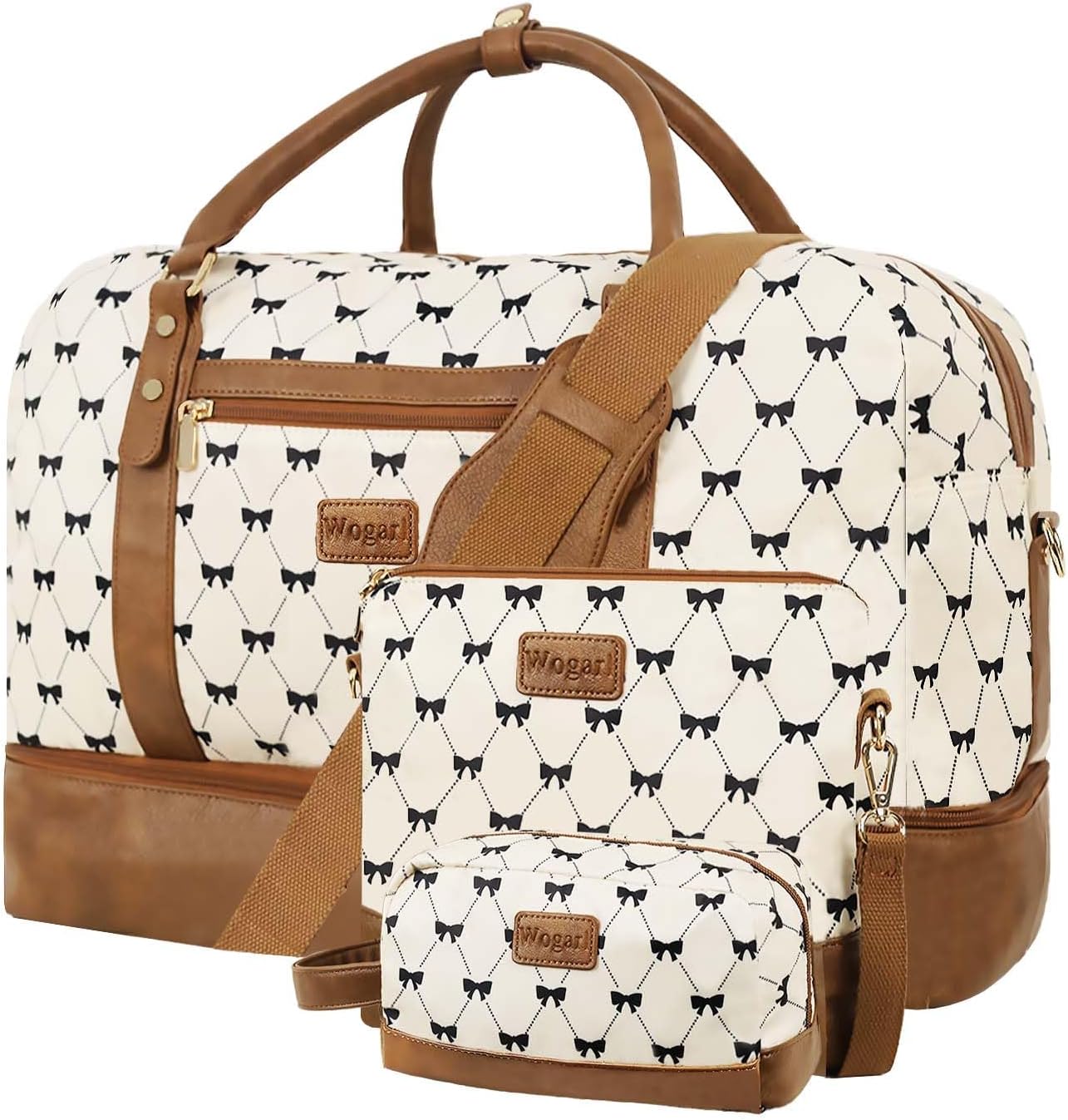 Wogarl 3PCS Weekender Bags for Women Large Overnight Bag Weekend Travel Duffel Bag Carry on Shoulder with Shoe Compartment Canvas Toiletry Bag for Travel Business Gym,Cream Bow