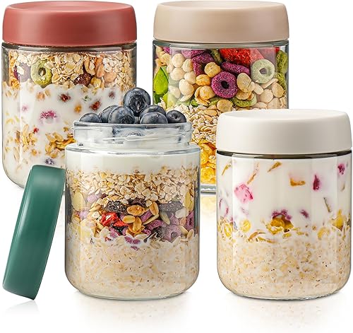 DIMBRAH Recipientes de avena con tapas, tarros Mason de 16 onzas con tapas, juego de 4, práctico recipiente de avena para llevar, tarros de pudín de