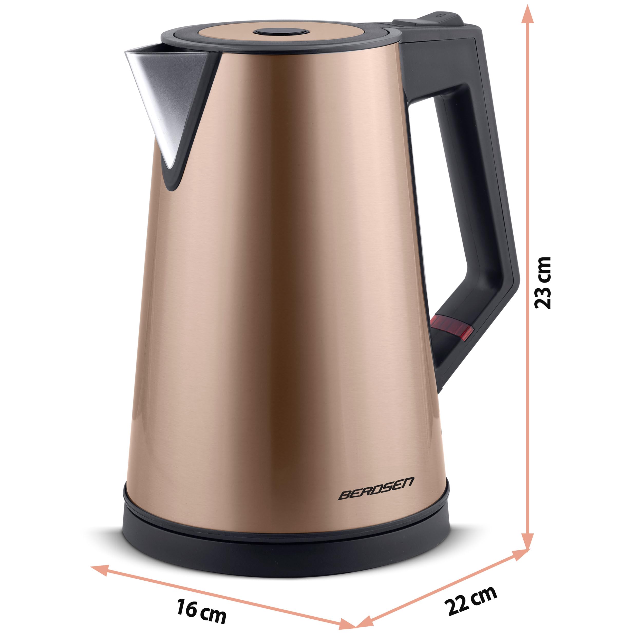 Berdsen Hervidor eléctrico, acero inoxidable, capacidad de 1,7 l, función de conservación caliente, 2200 W, base de pirueta de doble pared, hervidor eléctrico, silencioso, dorado