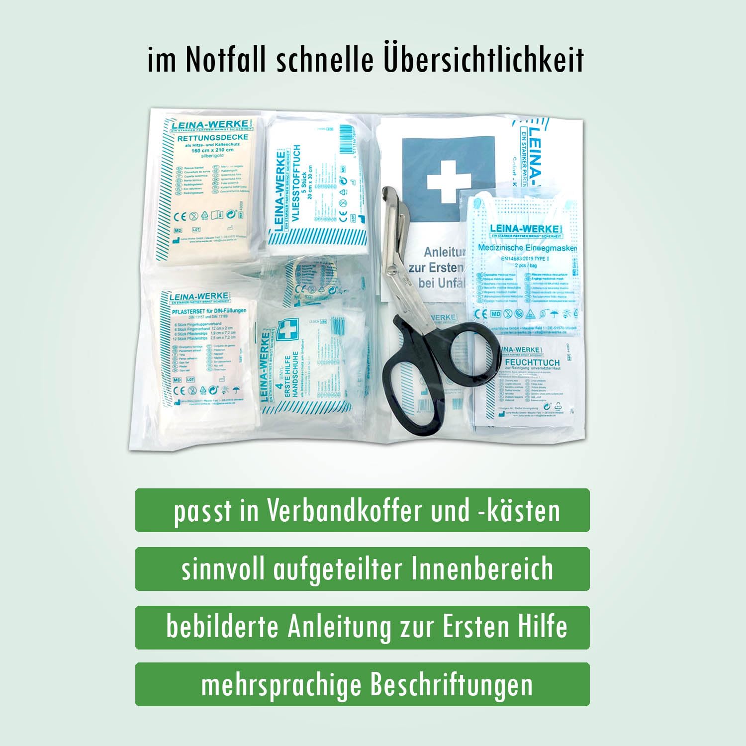 Betriebs-Verbandkasten DIN13157 mit Halterung Made in Germany + BG-Info-Paket mit Aushang Erste-Hilfe + Sicheitszeichen + Verhalten bei Unfällen + Verhalten im Brandfall
