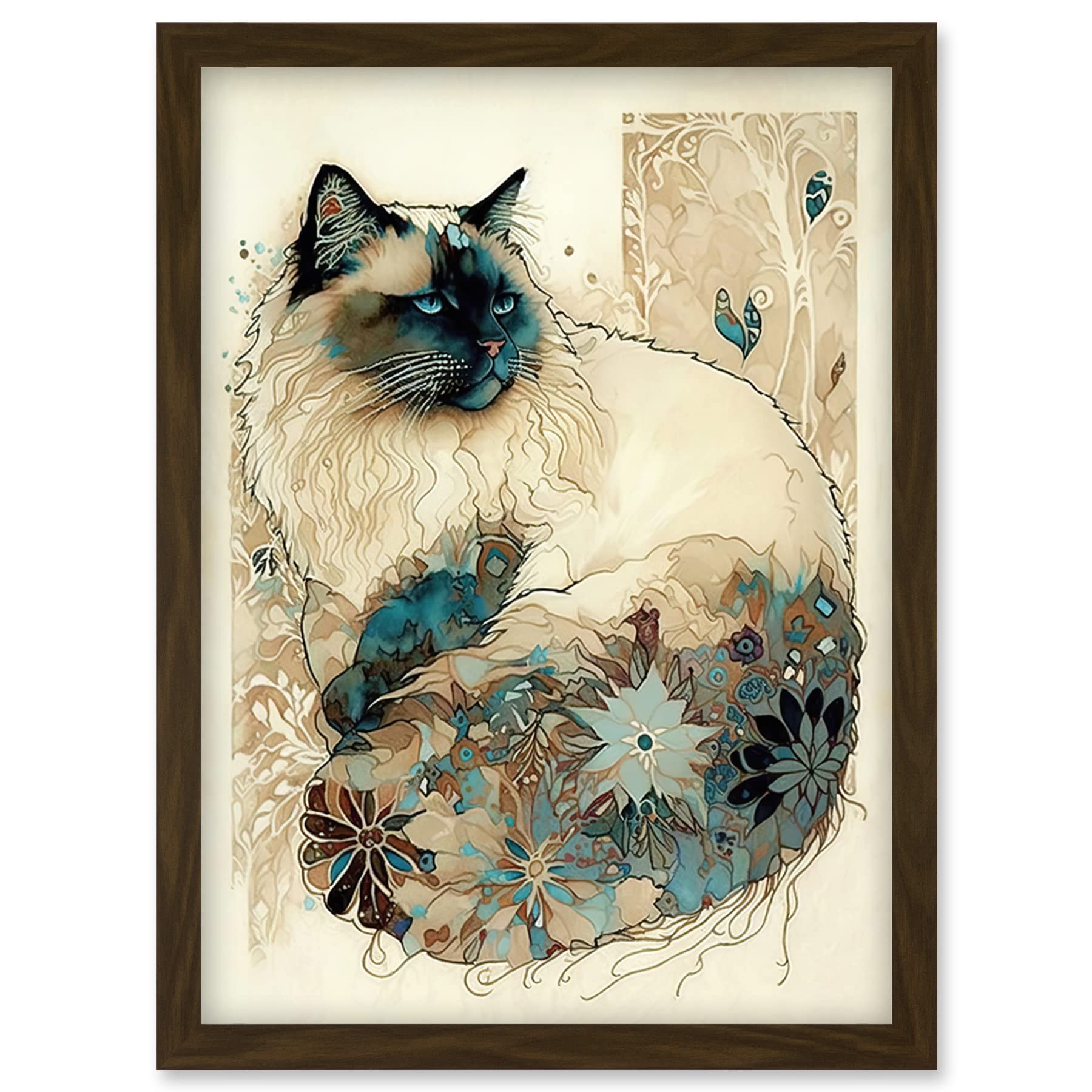 Artery8 Ragdoll Cat with Floral Pattern Tail Modern Watercolour Illustration Artwork Framed Wall Art Print A4