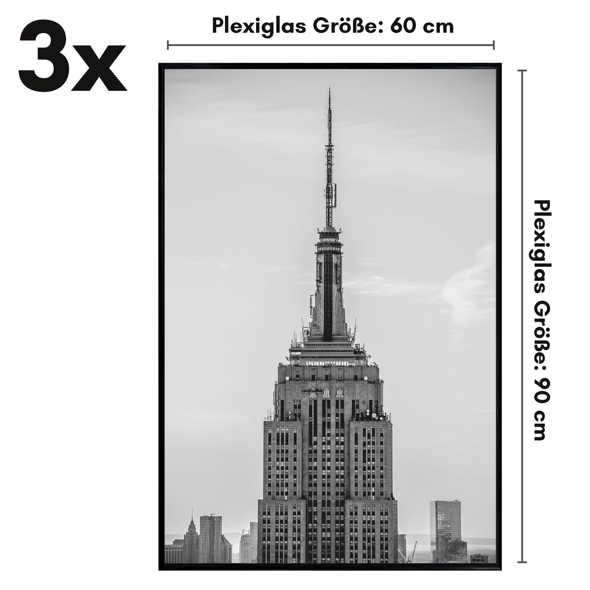 Americanflat Bilderrahmen 60x90 cm (3er Pack) - Schlanker Bilderrahmen 90x60 cm mit Plexi-Scheibe und Integrierter Aufhängung für Hoch- und Querformat - Schwarz