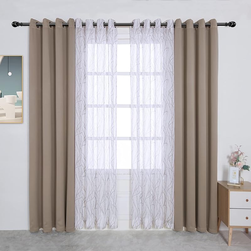 BONZER 4 Panels Set Mix and Match Curtains for Bedroom Living Room | 2 Pieces Branch Print Sheer Curtains & 2 Pieces Blackout Curtains Thermal Grommet Window Drapes, 54x84 Inch/Panel, Taupe