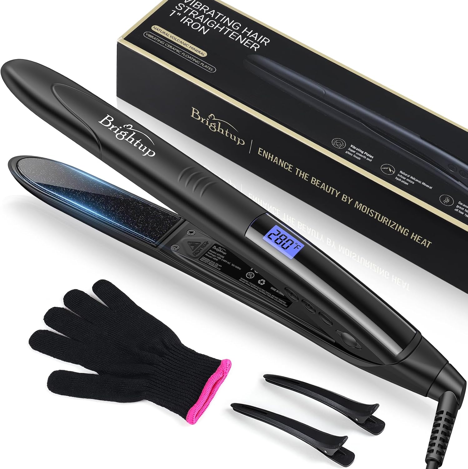 Brightup Dual Voltage Flat Iron Hair Straightener and Curler 2 in 1 with 1″ Vibrating Plates, 10 Temp Control/Auto Shut Off, 20S Fast Heating for Smooth Finish, Tourmaline Ceramic, Black
