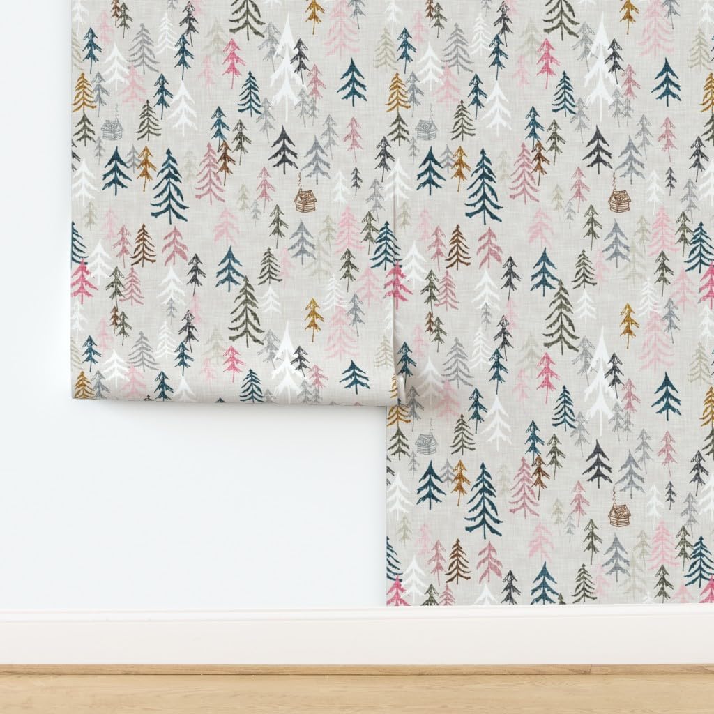 Peel & Stick Wallpaper 3ft x 2ft - Pink Forest Hiking Camping Explore Mountain Adventure Pine Tree Custom Removable Wallpaper by Spoonflower