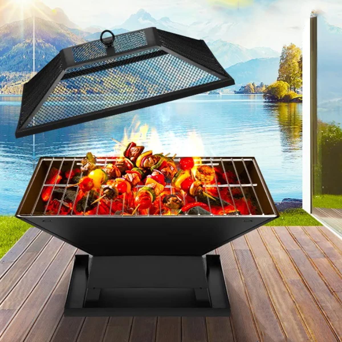Fornelli da campeggio, braciere da 14,6 pollici per esterni all'aperto piccolo braciere braciere in acciaio braciere, braciere a legna, per campeggio, picnic, barbecue, escursionismo ( Color : Black )
