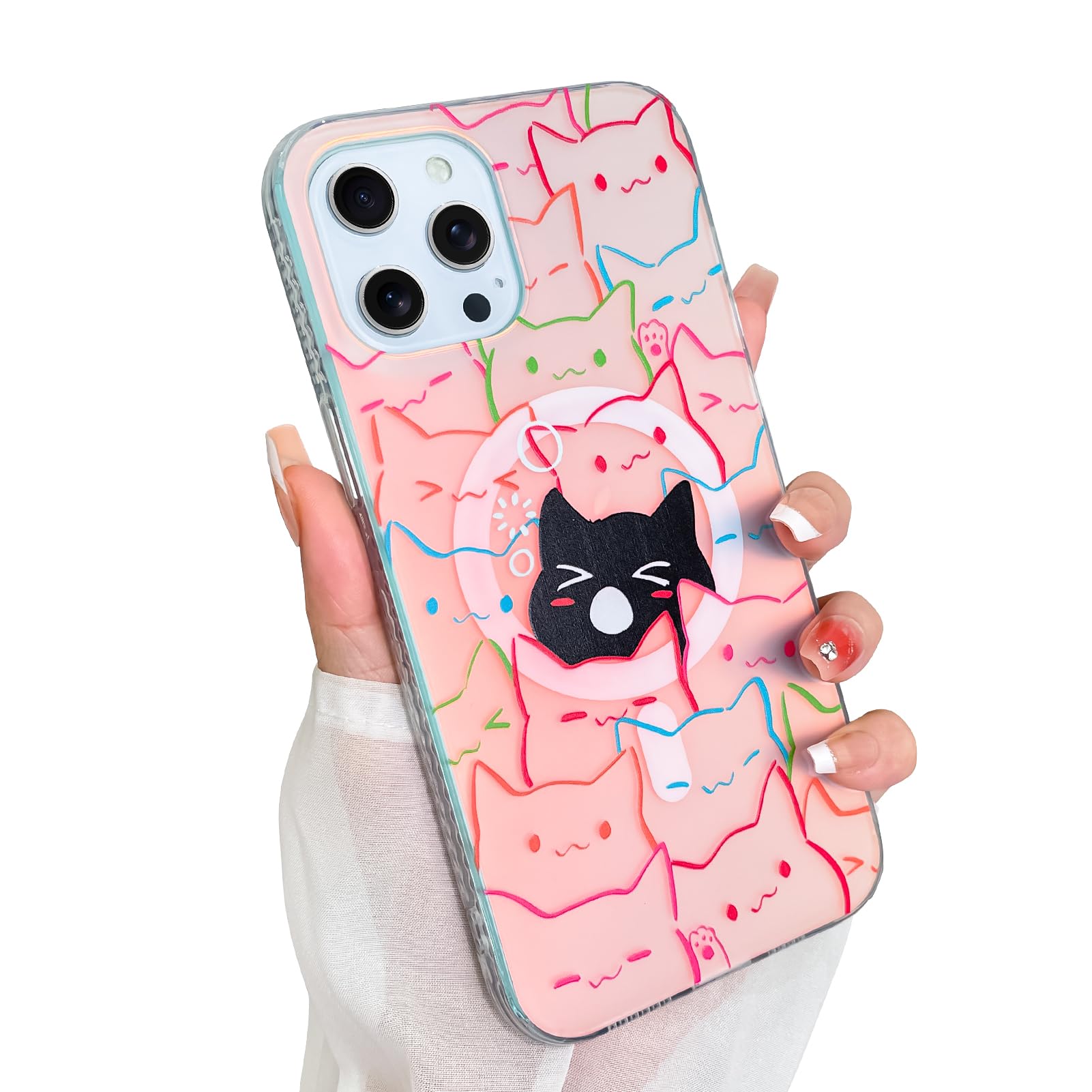 Heaofei Cute Case for iPhone 12 Pro Max Case for Women Girls Boys [ Compatible with Magsafe ] Iridescent and Black Cats Cat Pattern Design, Kawaii