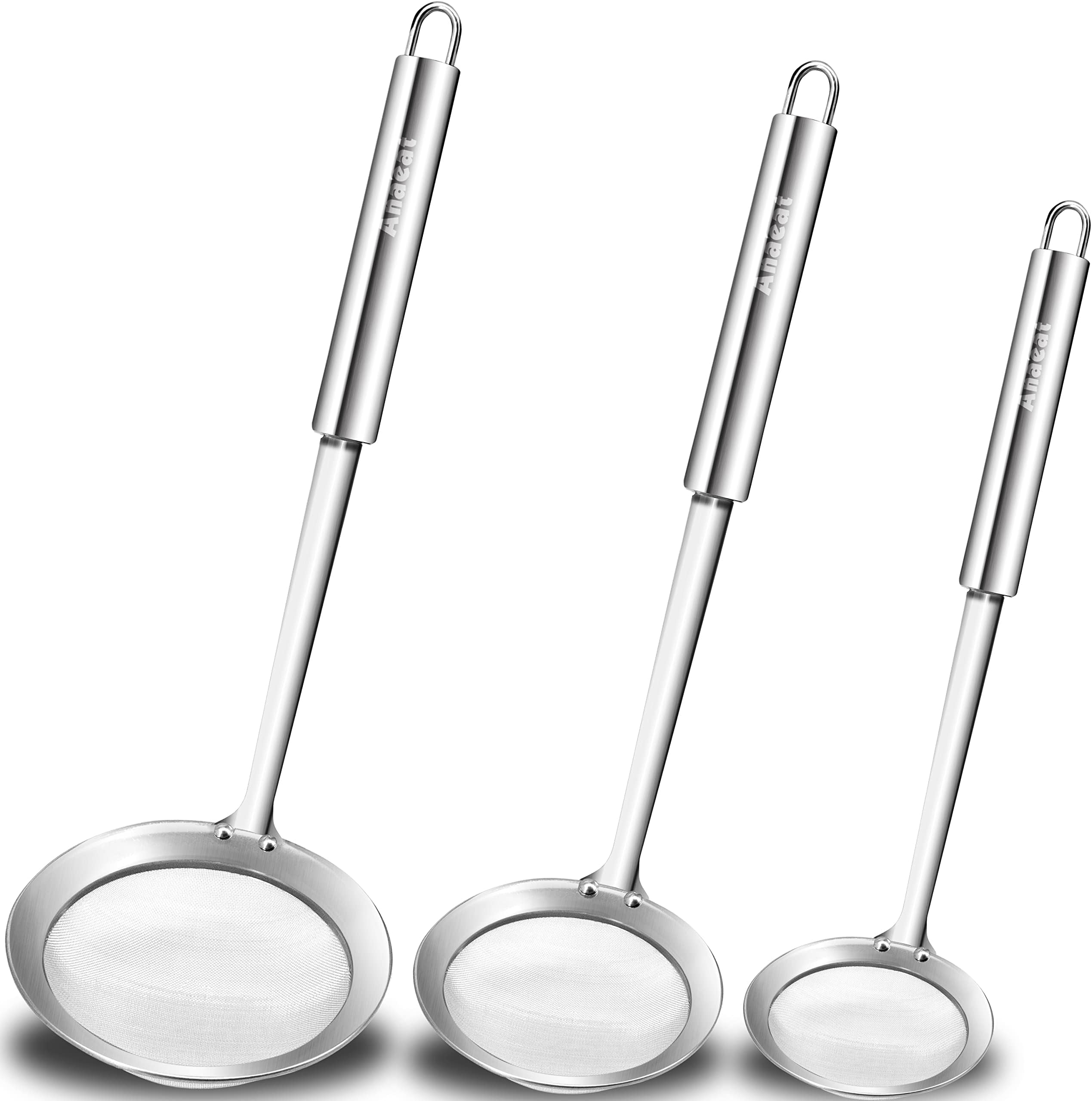 ANAEAT Stainless Steel Fat Skimmer Spoon - Set of 3 Professional Kitchen Fine Mesh Food Strainer and Hot Pot Skimmer with Long Handle for Skimming, Cooking, Frying, Grease, Gravy and Foam (3"+4"+4.7")