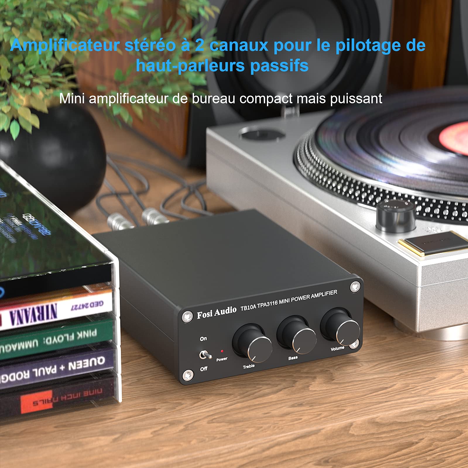 Fosi Audio TB10A Amplificateur Récepteur Audio Stéréo 2 Canaux Mini Ampli Intégré Hi-Fi Classe D 2.0CH pour Enceintes de Salon 100W x2 avec Contrôle des Basses et des Aigus TPA3116