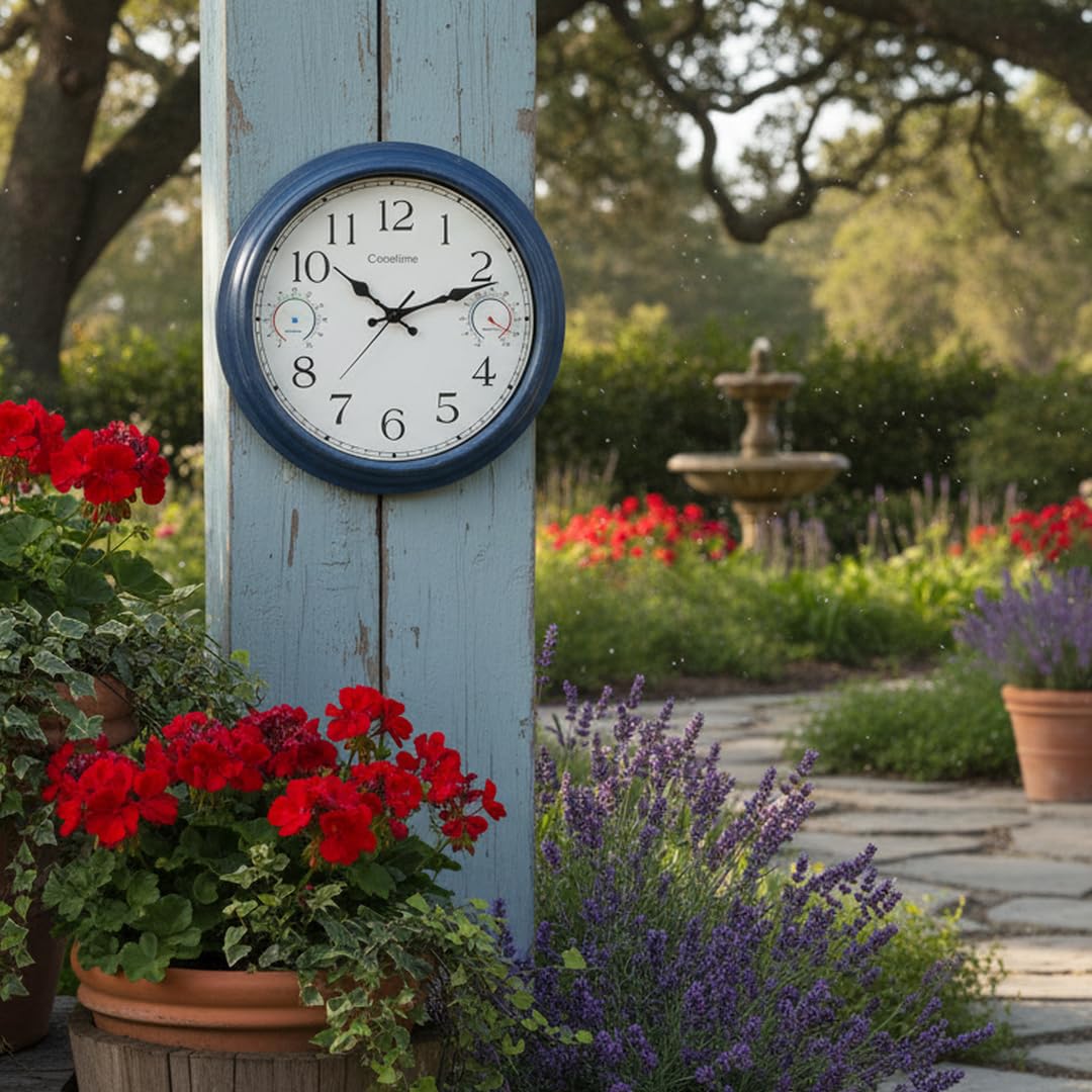 Crosstime 16 Zoll Outdoor Uhr Wasserdicht mit Thermometer & Hygrometer, Küste Nautische Dekoration für Terrasse, Pool, Garten, Hinterhof - Blau
