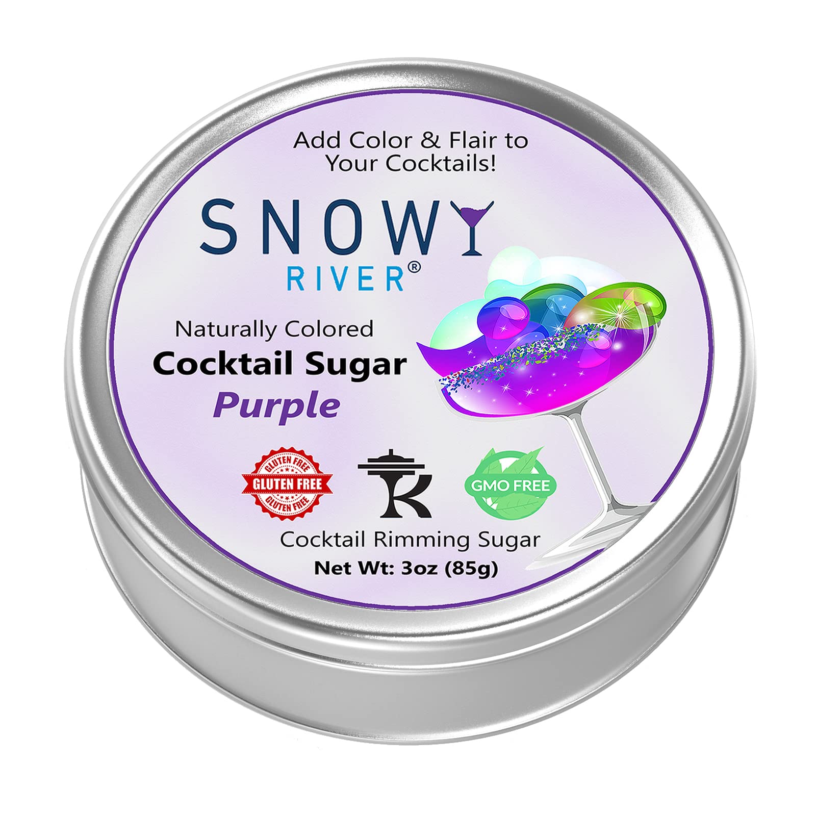 Snowy River Cocktail Sugar 3oz Gift Pack, All Natural Beverage Rimmer for Cocktails & Margaritas in Gift Rimmer Tin, Drink Decorating (Purple)