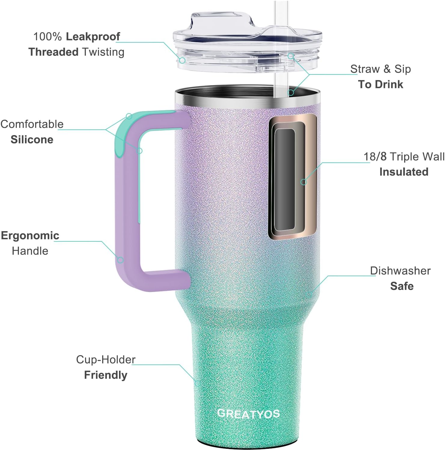 40 oz Tumbler with Handle and Straw Lid Insulated Tumblers Cups with Lids Straws Double Wall Vacuum Leak Proof Stainless Steel 40oz Tumbler Travel Mug Gifts for Men Women Him Her (Glitter) - Image 2