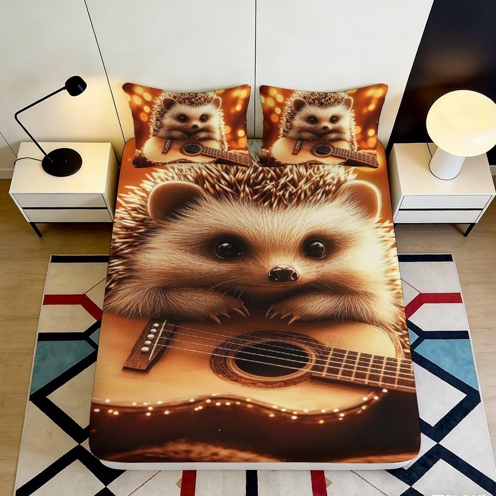 Jqzkxnhpbr Style-9 3D Printed Hedgehog With Guitar Fitted Sheet Microfiber Soft Anti-Slip Bed Cover For Bedroom Dorm Decor 90X200x25cm