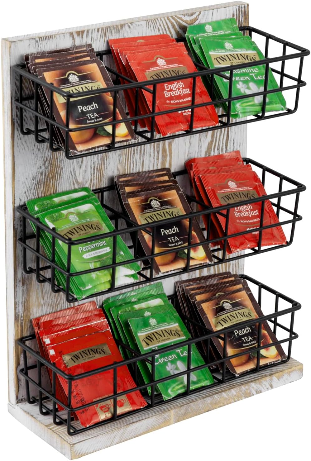 MyGift Tea Bag Organizer Wall Mounted with 9 Compartment, Countertop Tea Bag Holder Storage Stand, White Washed Solid Wood Coffee Bar Shelf with 3 Tier Black Metal Wire