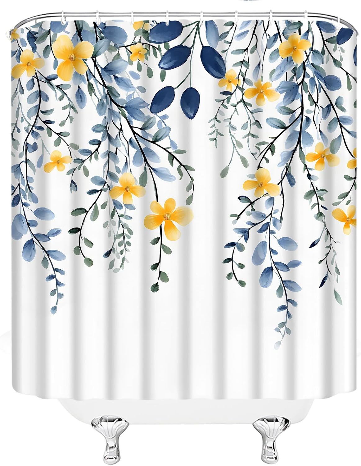 Leaves Floral Blue Yellow Shower Curtain with Hooks,70" WX70 H image 5