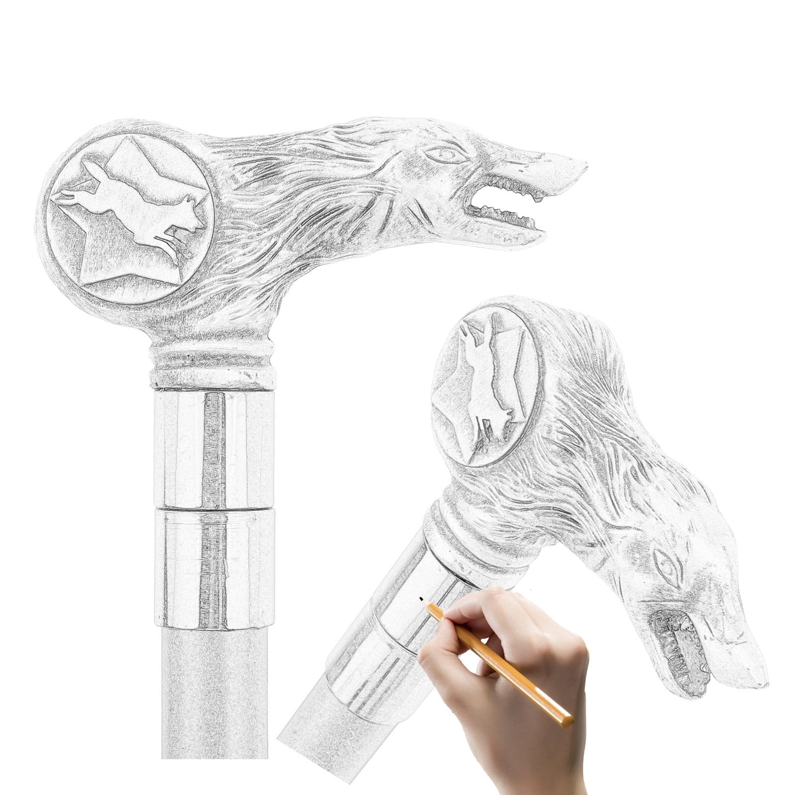 Bastone da Passeggio Decorativo Alla Moda con Impugnatura a Testa di Lupo | Pieghevole, impugnatura confortevole, impugnatura ergonomica, durevole, leggero, puntale in gomma antiscivolo, argento