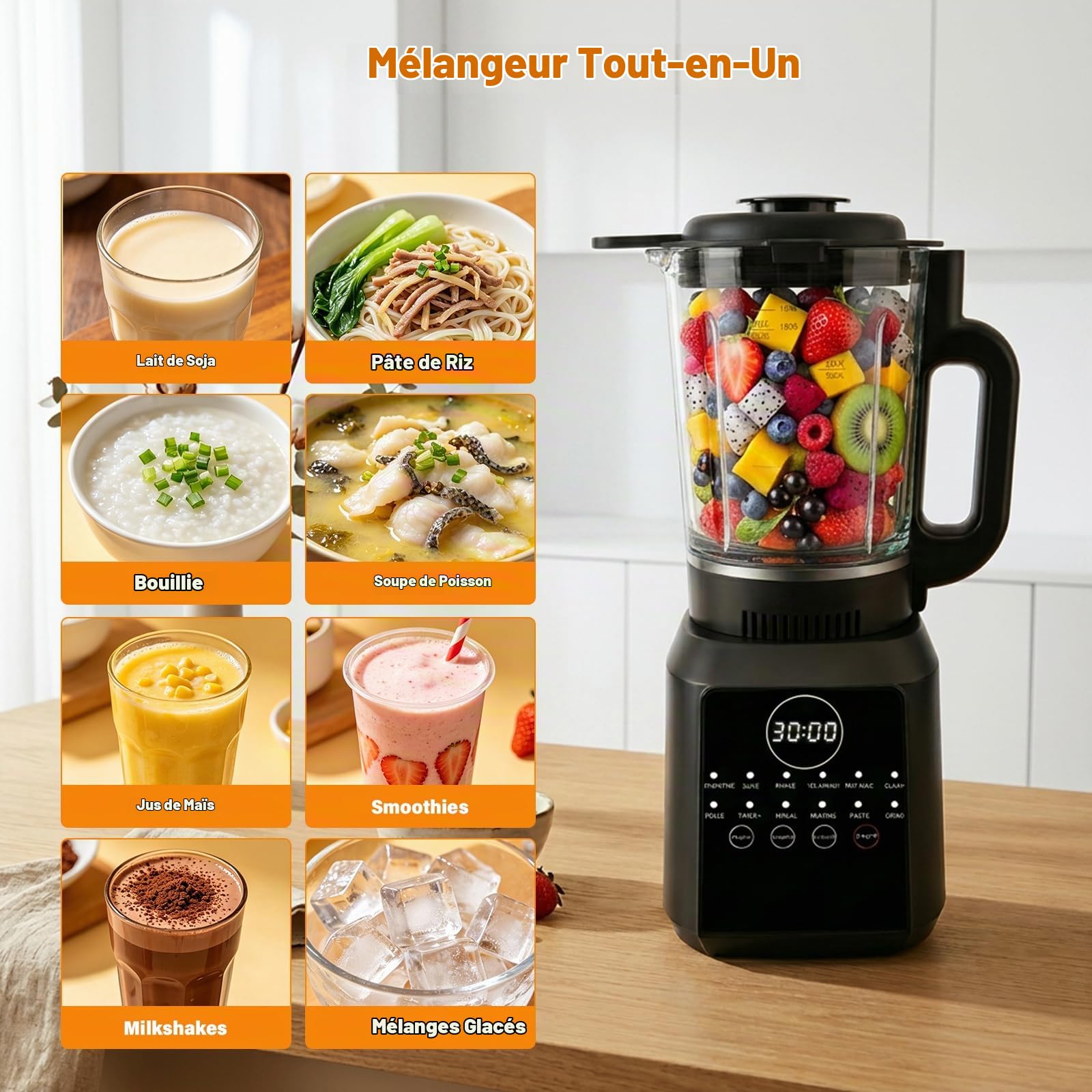 Blender chauffant 1,7L, Soup Maker 12 programmes, Bol en verre
