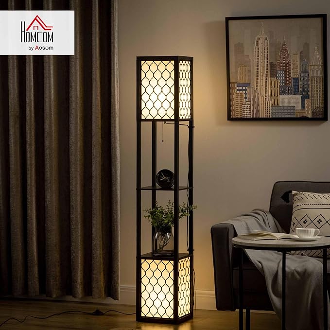 HOMCOM HOMCOM vloerlamp met plank, vloerlamp met dubbel licht, 40 W vloerlamp met E27-voet, 2 planken, exclusief lampen, voor woonkamer, slaapkamer, zwart photo 2