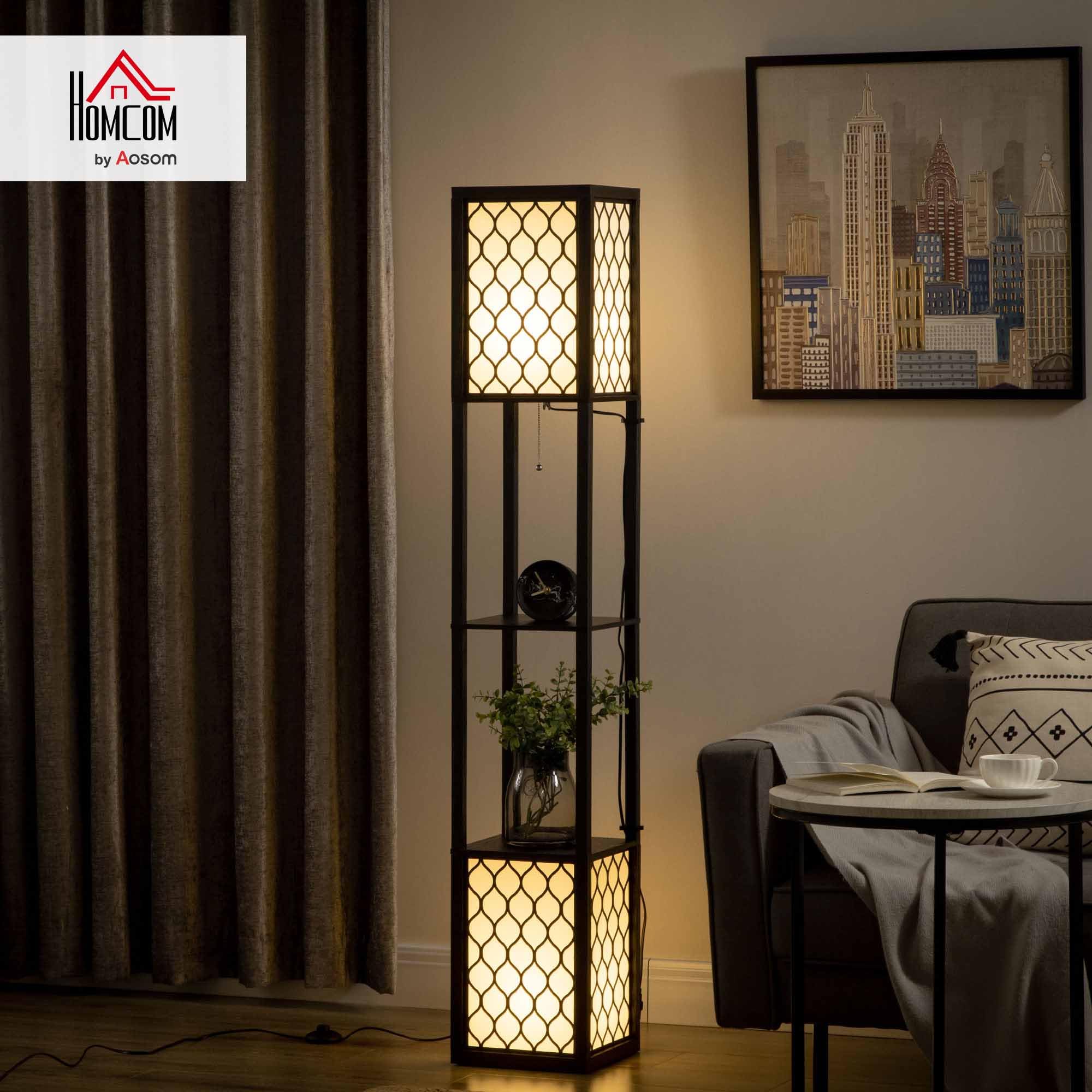 HOMCOM Lampada da Terra a Colonna in MDF e Plastica PP con 2 Ripiani, per Soggiorno, Studio e Camera da Letto, 26x26x156 cm, Bianca e Nera