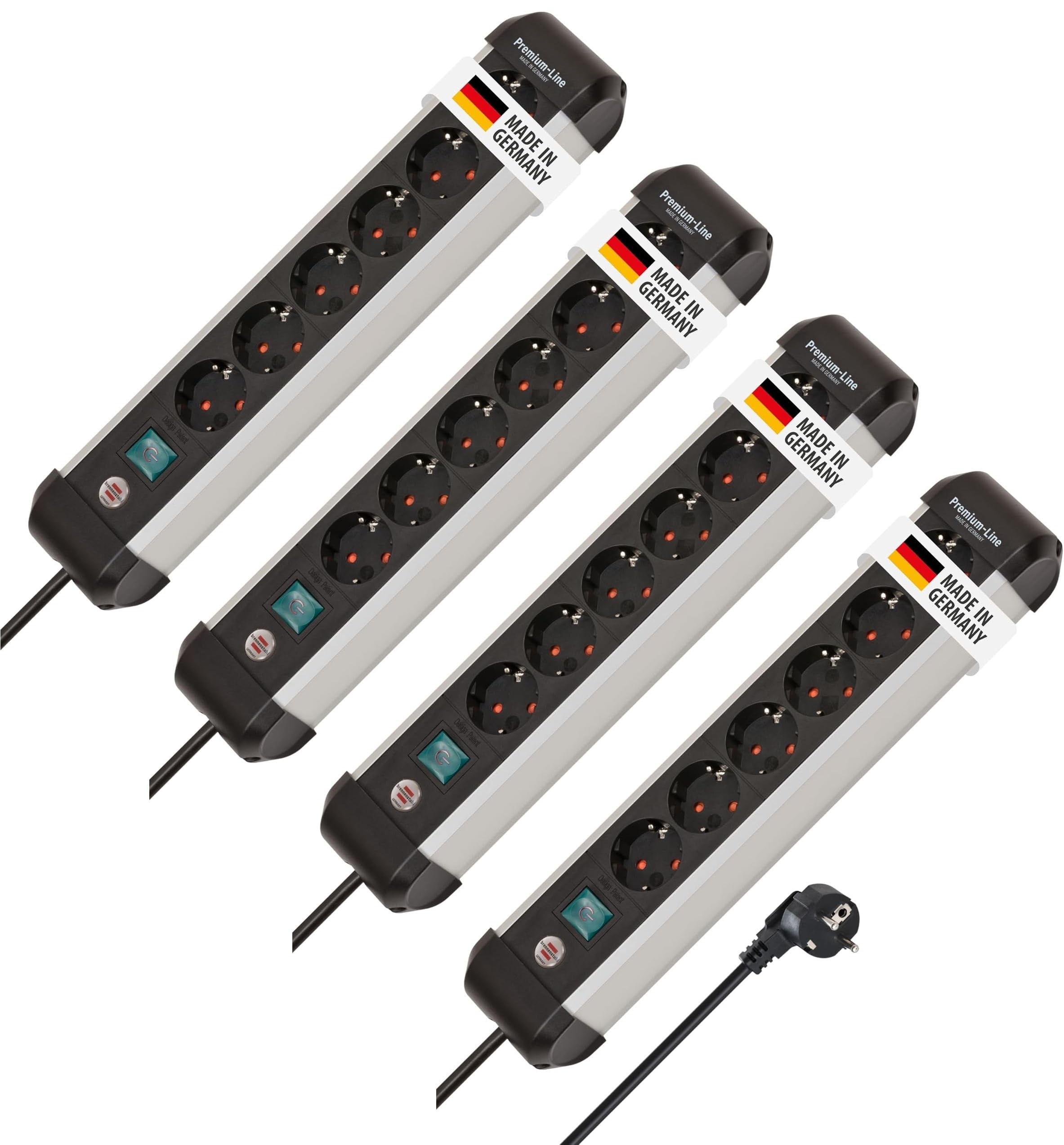 Brennenstuhl Premium-Alu-Line Steckdosenleiste/Steckerleiste aus hochwertigem Aluminium, Mehrfachsteckdose mit Schalter und 3m Kabel (6-Fach Steckdosenleiste | 4 Stück)
