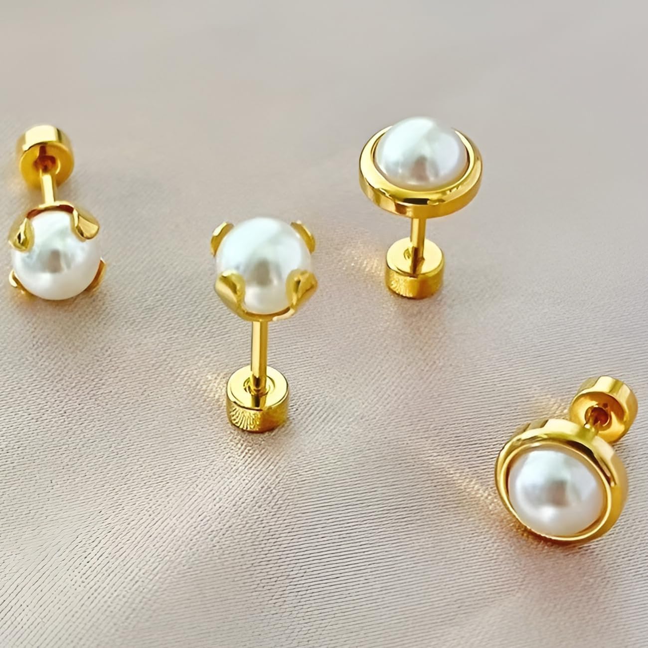 Pearl Stud Earring 1 Pair Gold Flatback Earrings Helix Flat Back Jewelry Hypoallergenic Stainless Steel Screwback Jewellery for Women Ladies Sensitive Ears Aretes De Perlas Para Mujer - Image 3