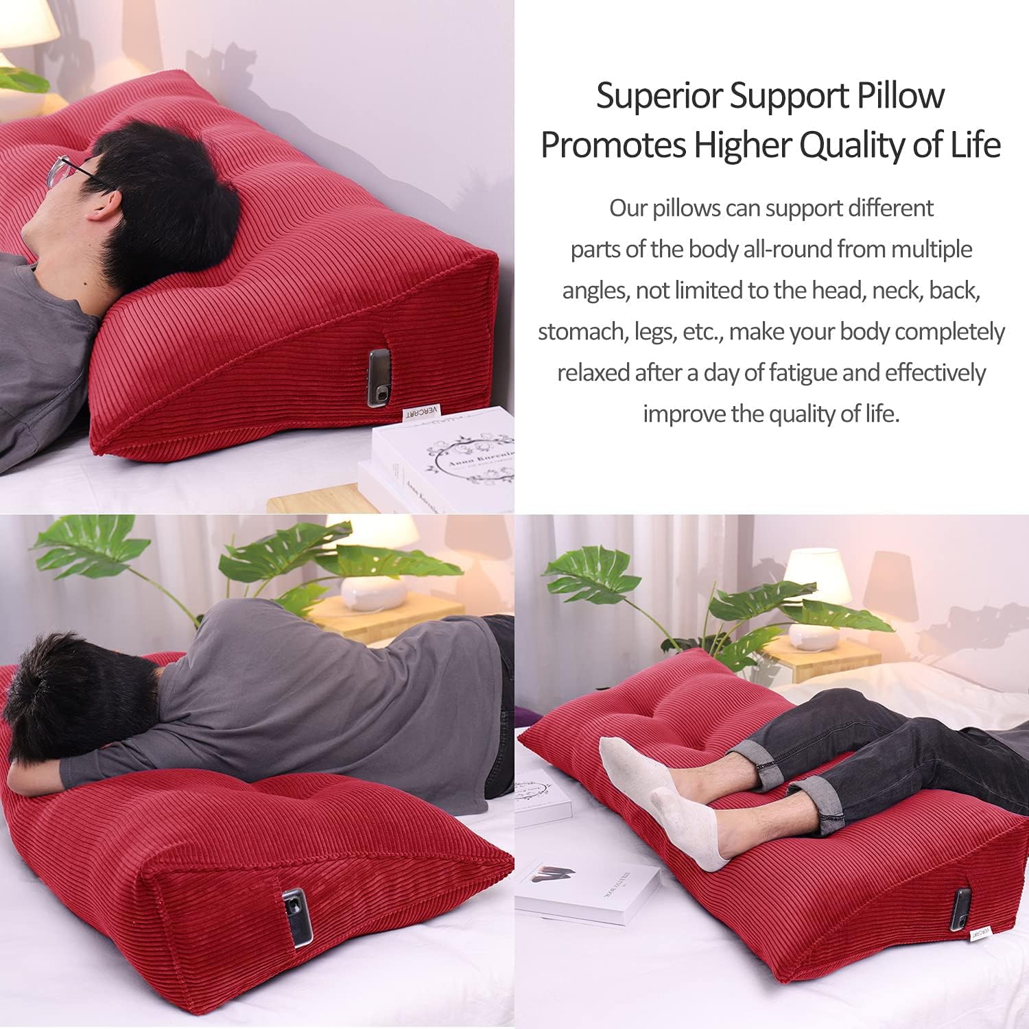 Cuscino triangolare da lettura in velluto rosso, cuscino per divano, supporto lombare, cuscino di supporto lombare, qualità premium, 120 x 50 x 25 cm, ideale per relax e comfort.