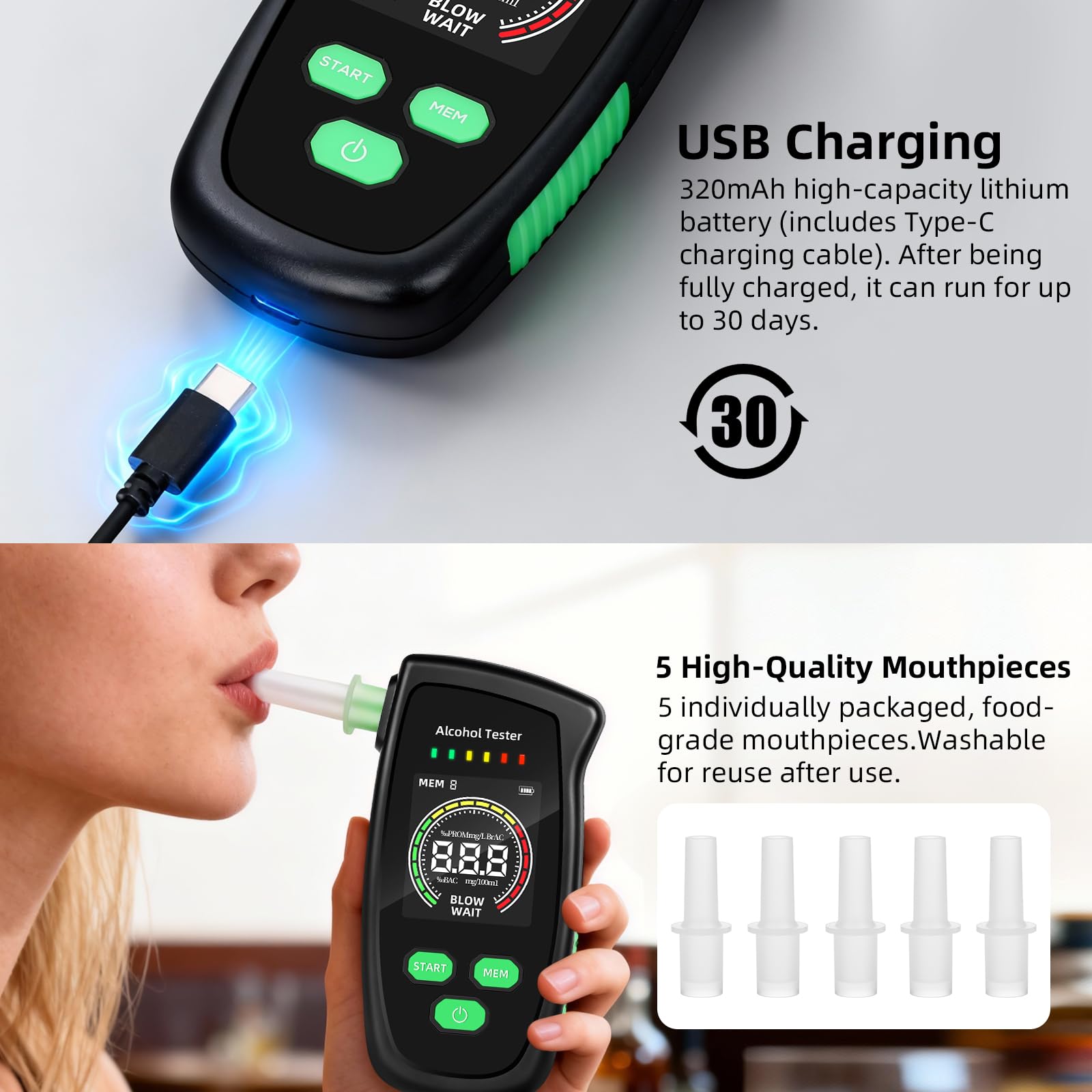Ethylotest Electronique - Etiloteste Electronique avec 5 Embouchures, Alcotest Numerique, ethylometre mesures de Haute précision