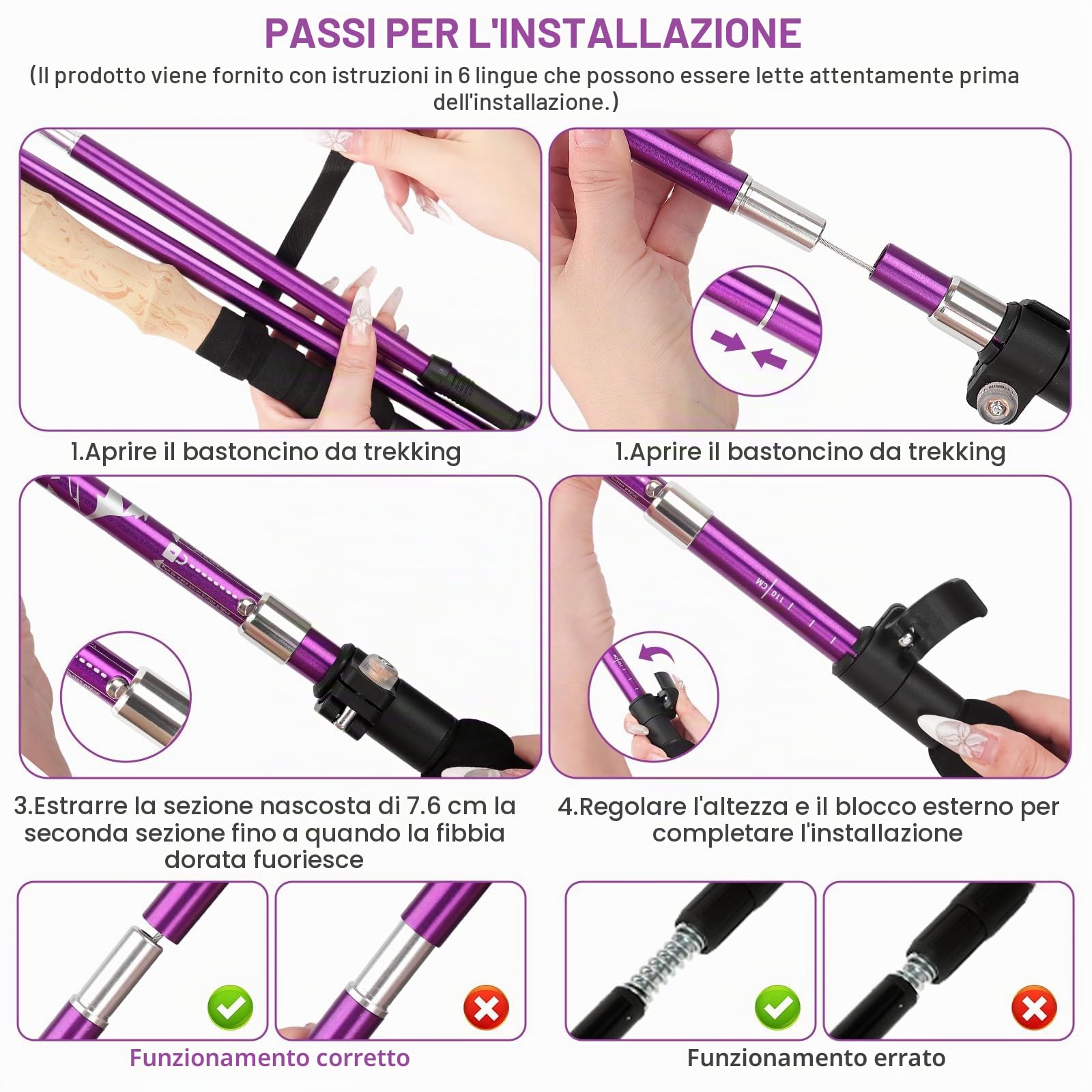 Bastoni da Trekking Alluminio,bastoncini da passeggio pieghevoli 115-135 cm,bastoncini da nordic walking,per donna e uomo,leggeri ed estensibili,con 5 Paia di Cuscinetto,per trekking ed escursionismo