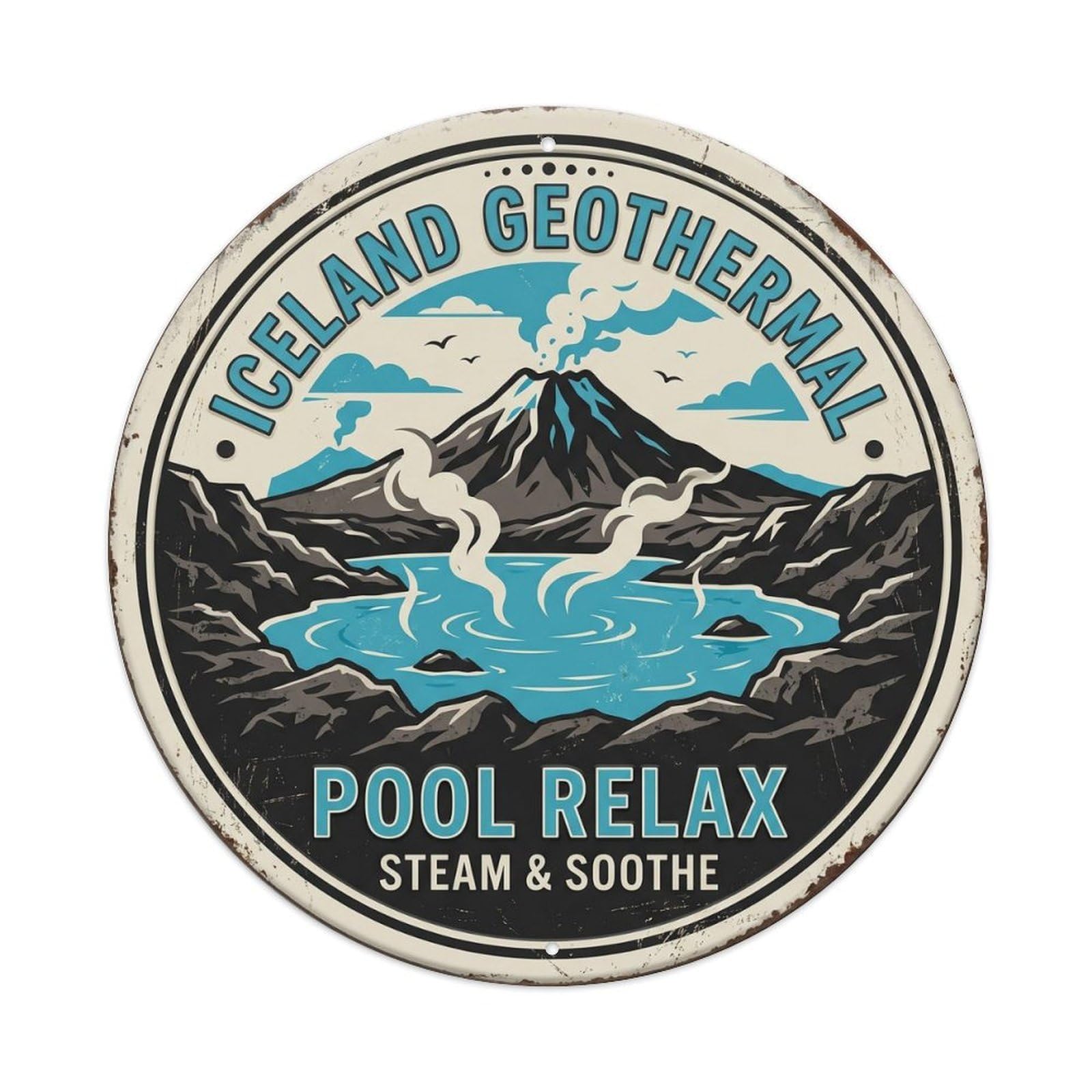Geothermal Pool Relax Iceland Spring Metal Tin Sign Plaque Wall Decor for Cafe, Club, Garden Round Metal Poster 8x8Inch