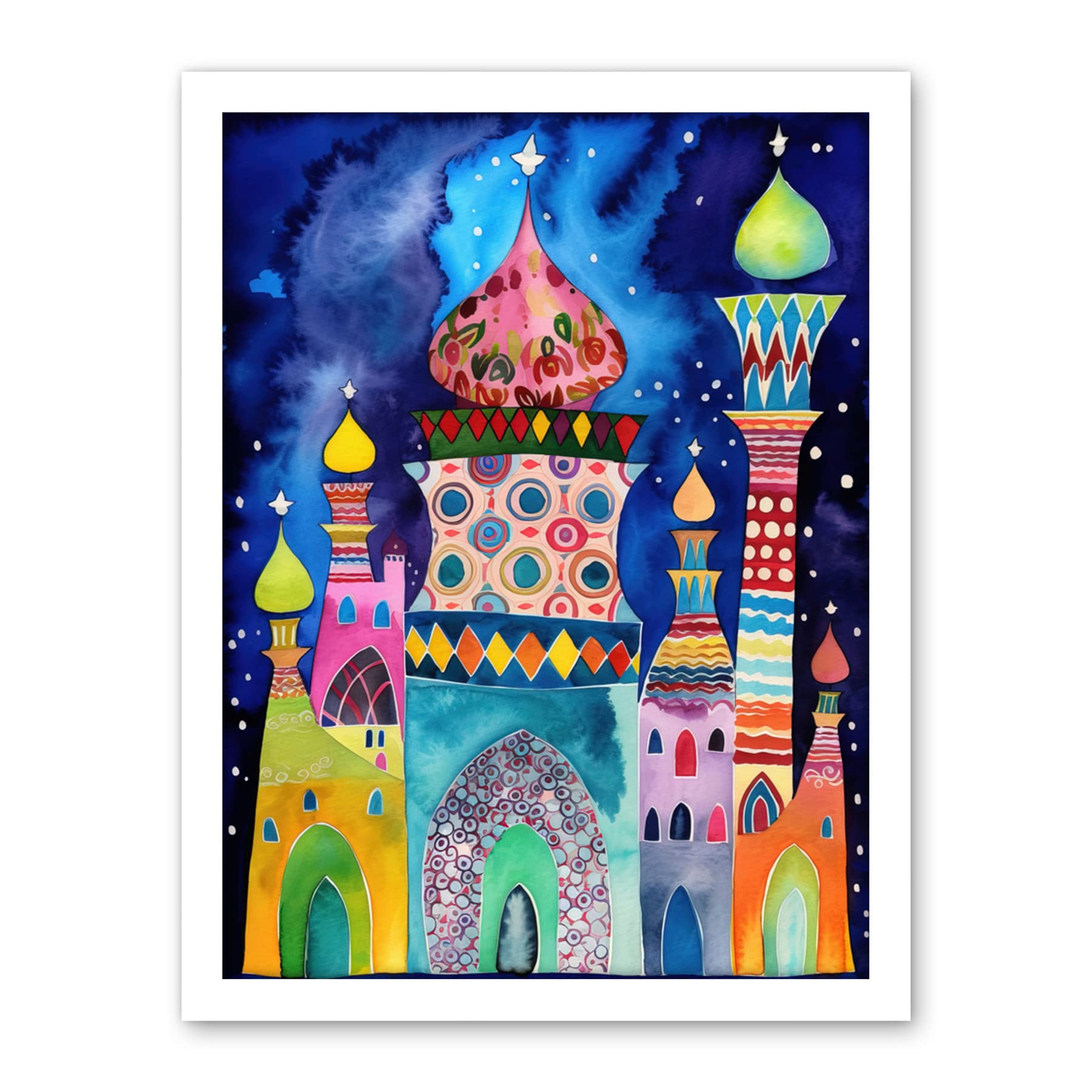 Artery8 Mosque At Midnight Folk Art Artwork Framed Wall Art Print 18X24 Inch